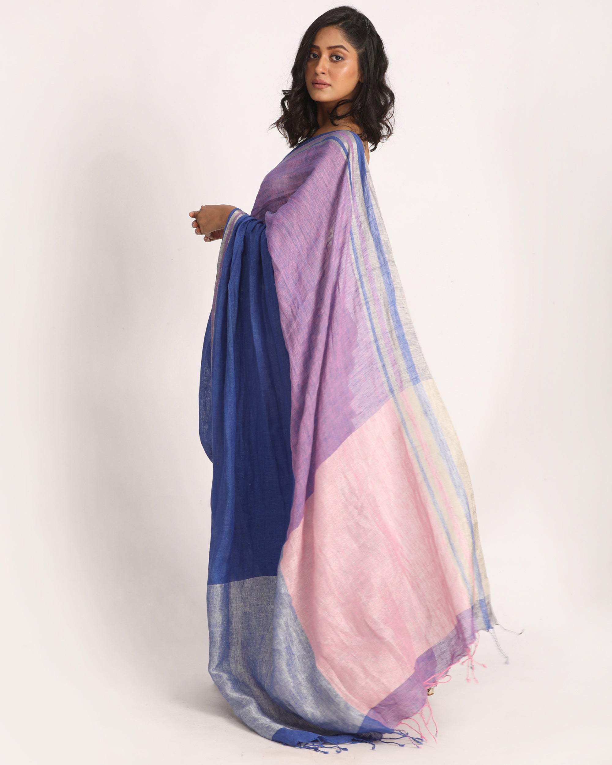 Women's Royal Blue Light Pink Traditional Handloom Linen Saree