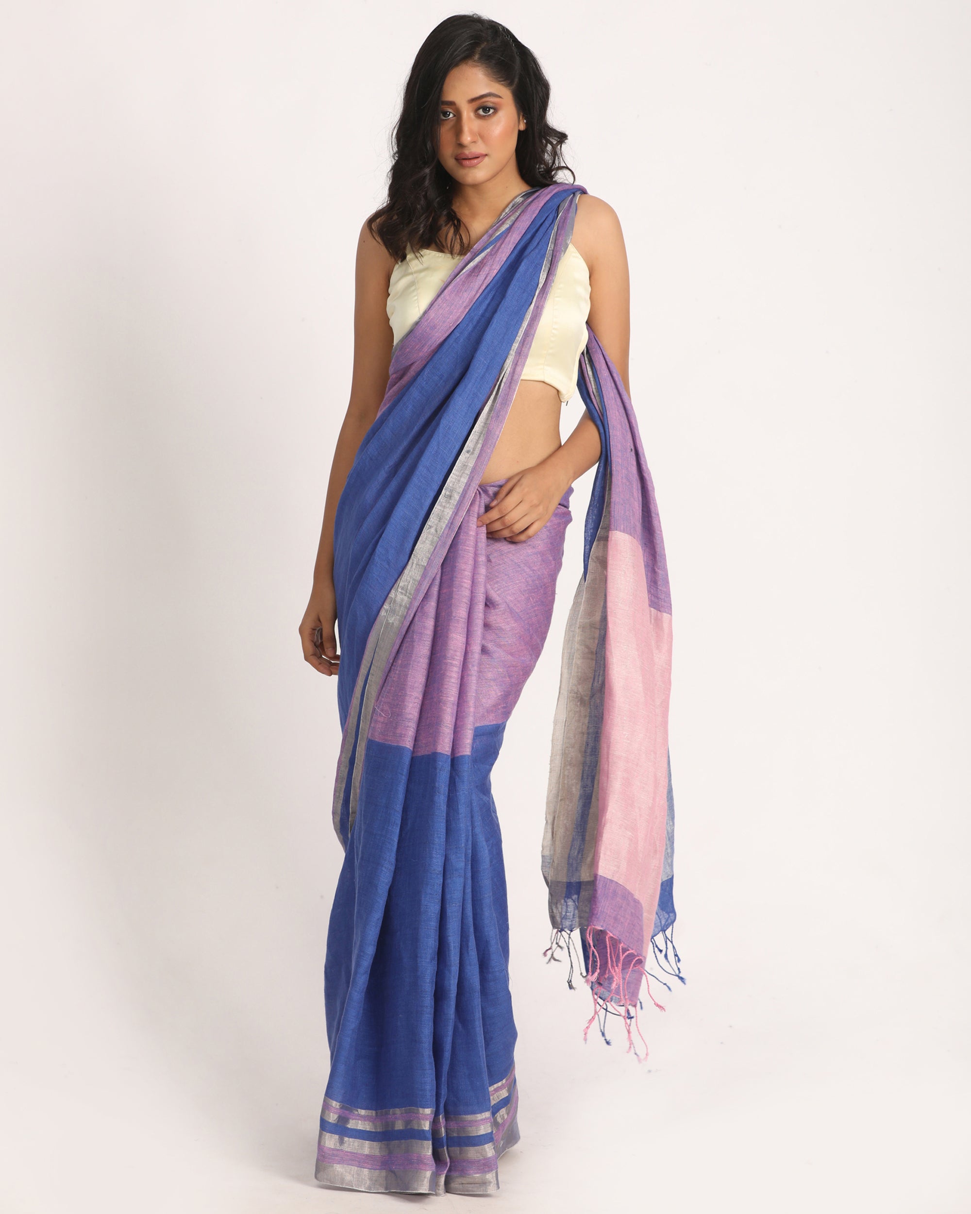 Women's Royal Blue Light Pink Traditional Handloom Linen Saree