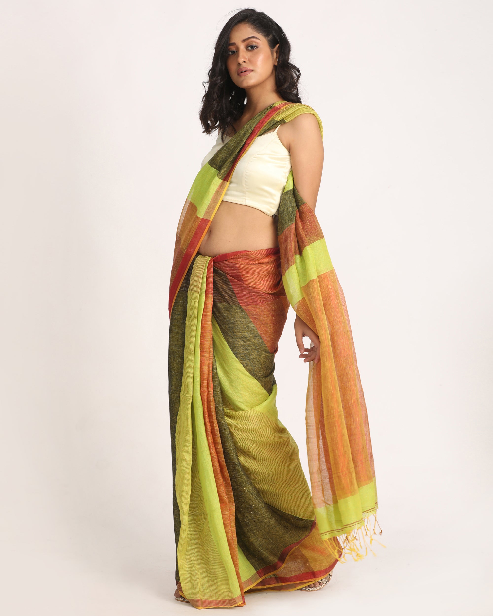 Women's Lemon Black Traditional Handloom Check Linen Saree