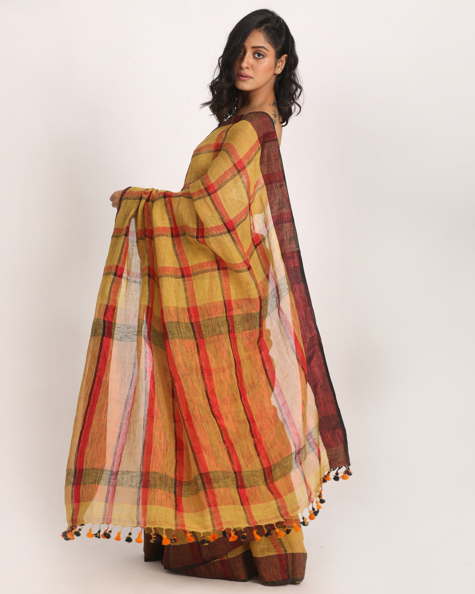 Women's Muga Red Traditional Check Linen Handloom Saree