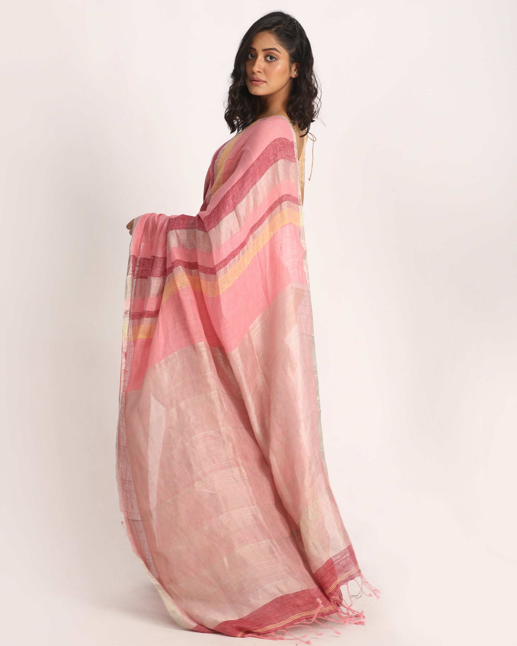 Women's Multicolour Traditional Handloom Check Linen Saree