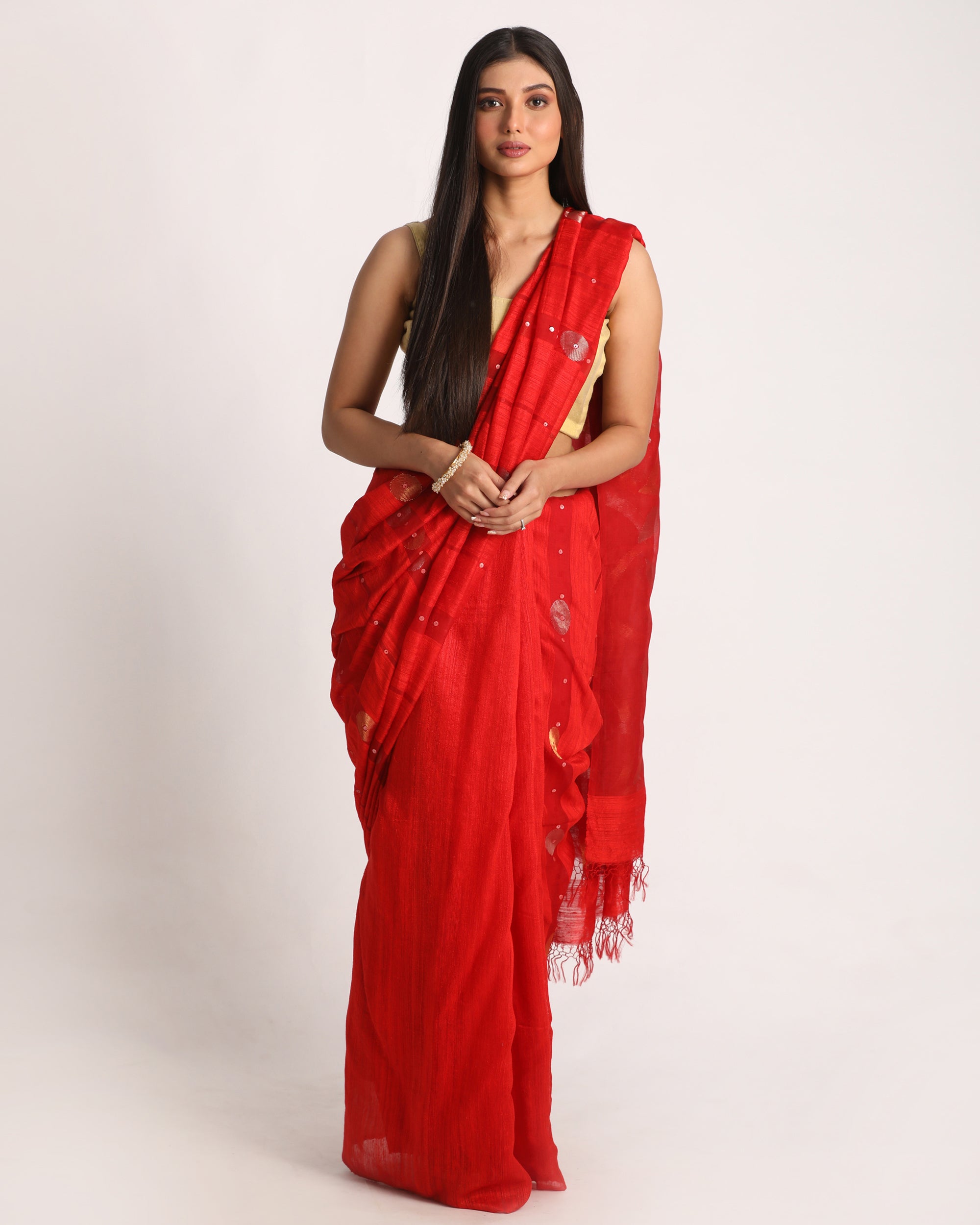 Women's Red Matka Silk Handloom Traditional Sequin Jamdani Saree