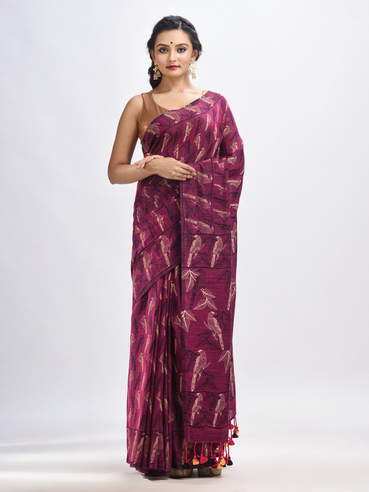 Women's Maroon cotton birds Printed Handloom Saree