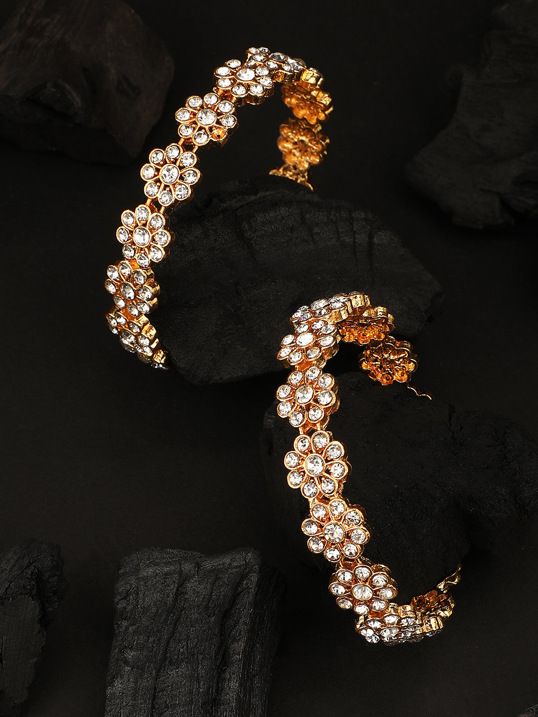 Women's/Girls Statement Gold Plated Floral Shaped Stone Studded Bangle Set Of 2