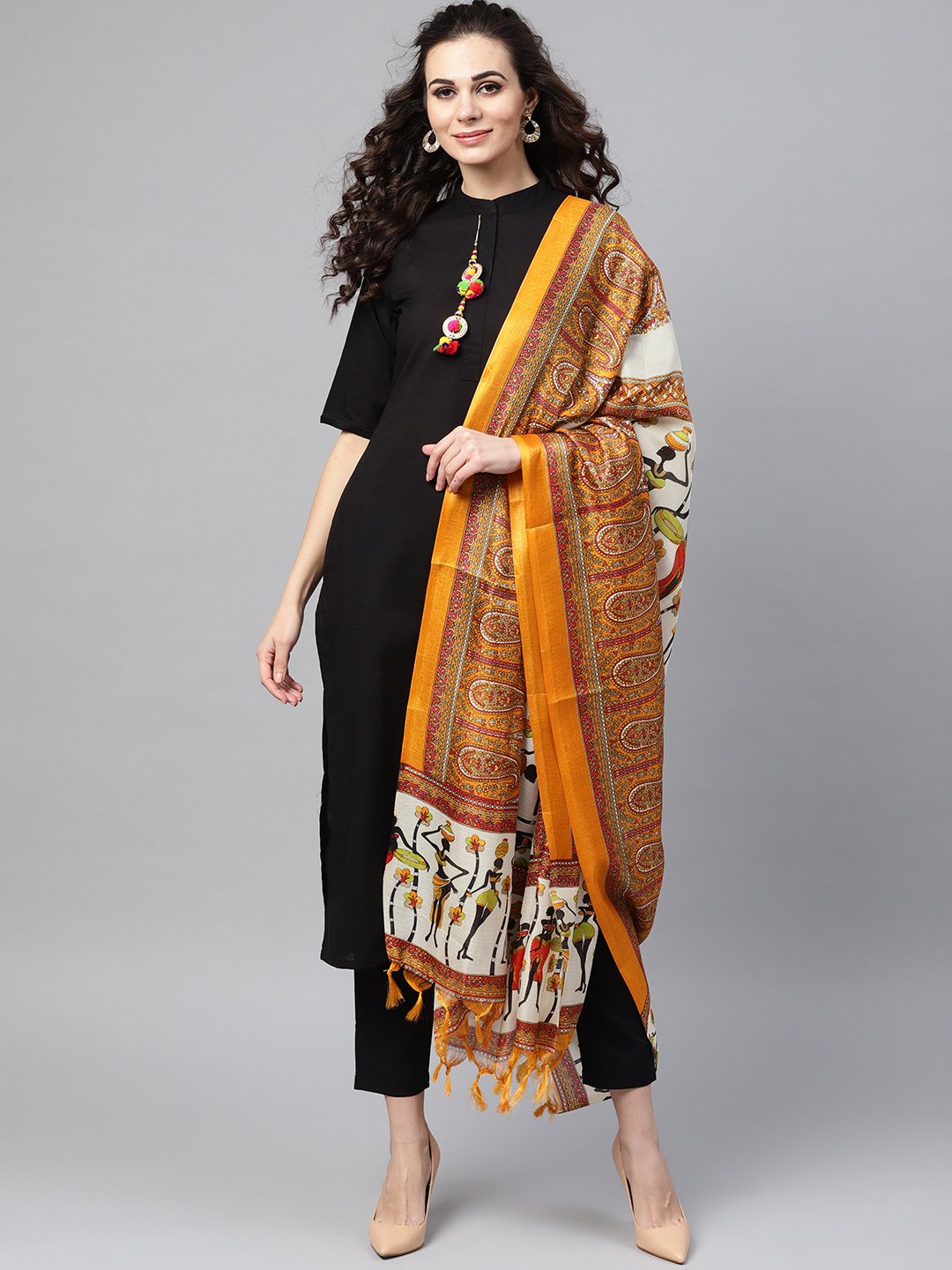 Women's Solid Black Kurta Set with Pants & Bhagalpuri Multi Colored Dupatta
