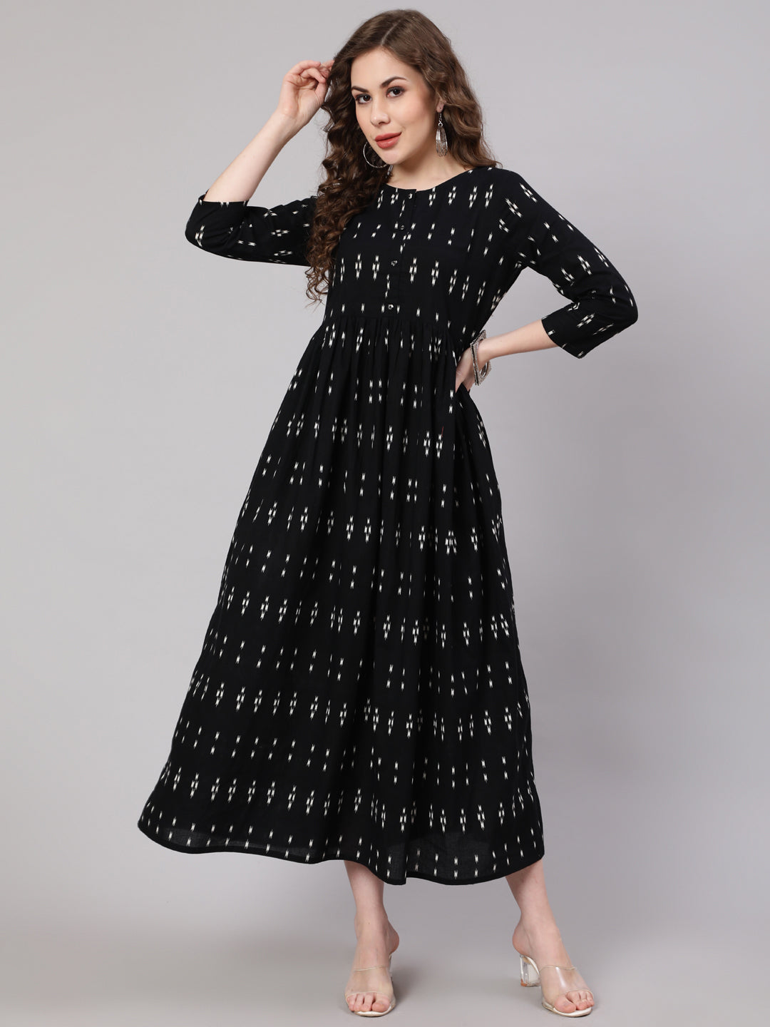 Women's Black Ikat Printed Flared Dress With Three Quarter sleeves