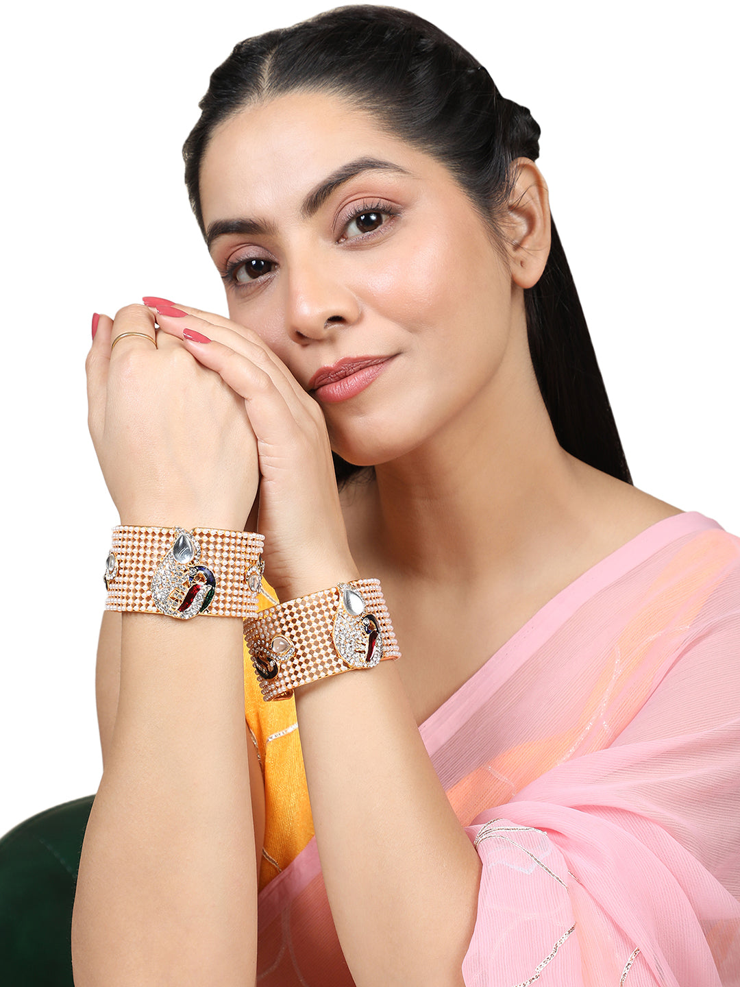 Women's/Girls Contemporary Gold Plated Broad Shaped Pearl And Multicolor Stone Studded Broad Bracelet Set Of 1 Bracelet