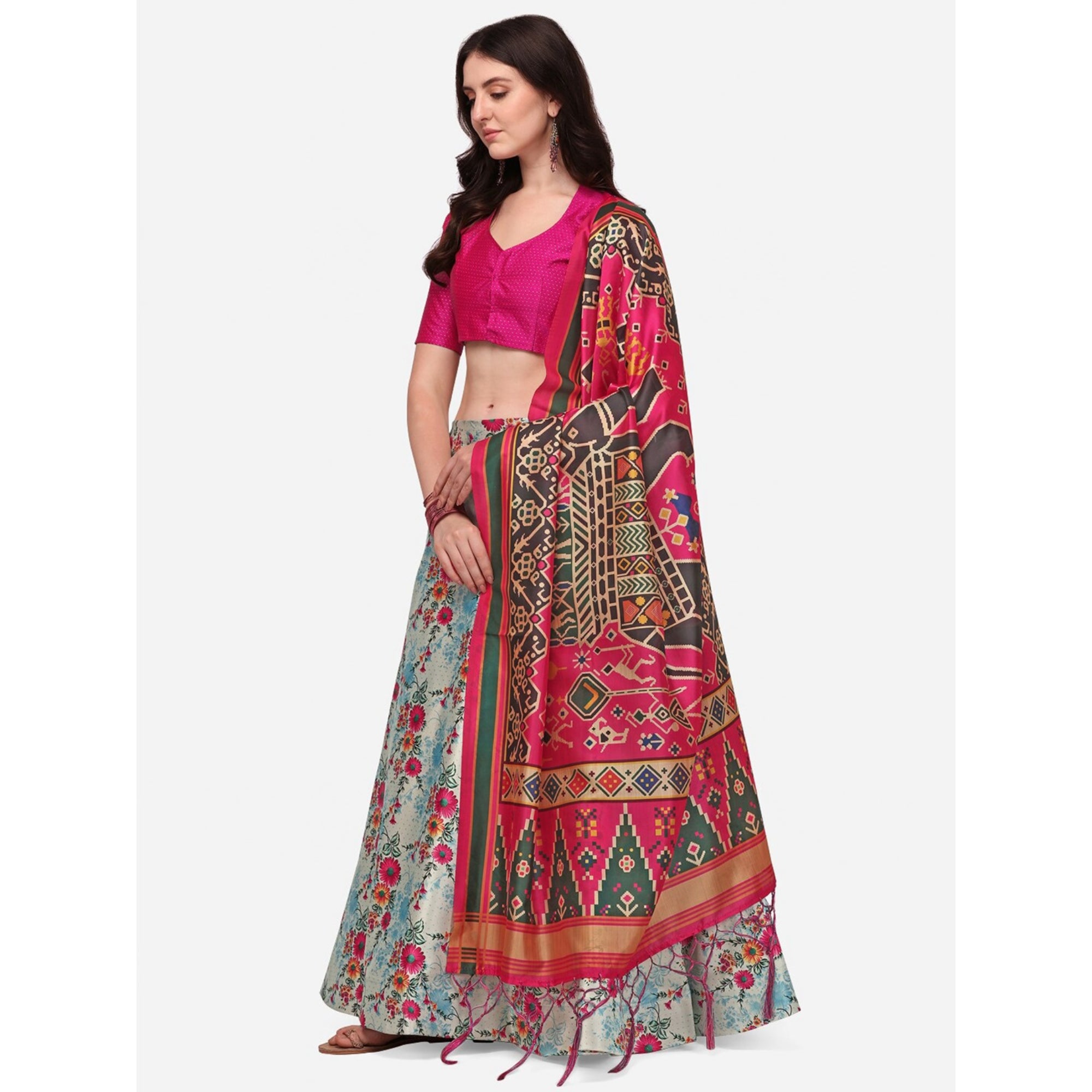 Women's Digital Print Shiney Satin Semistitched Lehenga Choli With Unstitched Blouse And Thred Work Dupatta