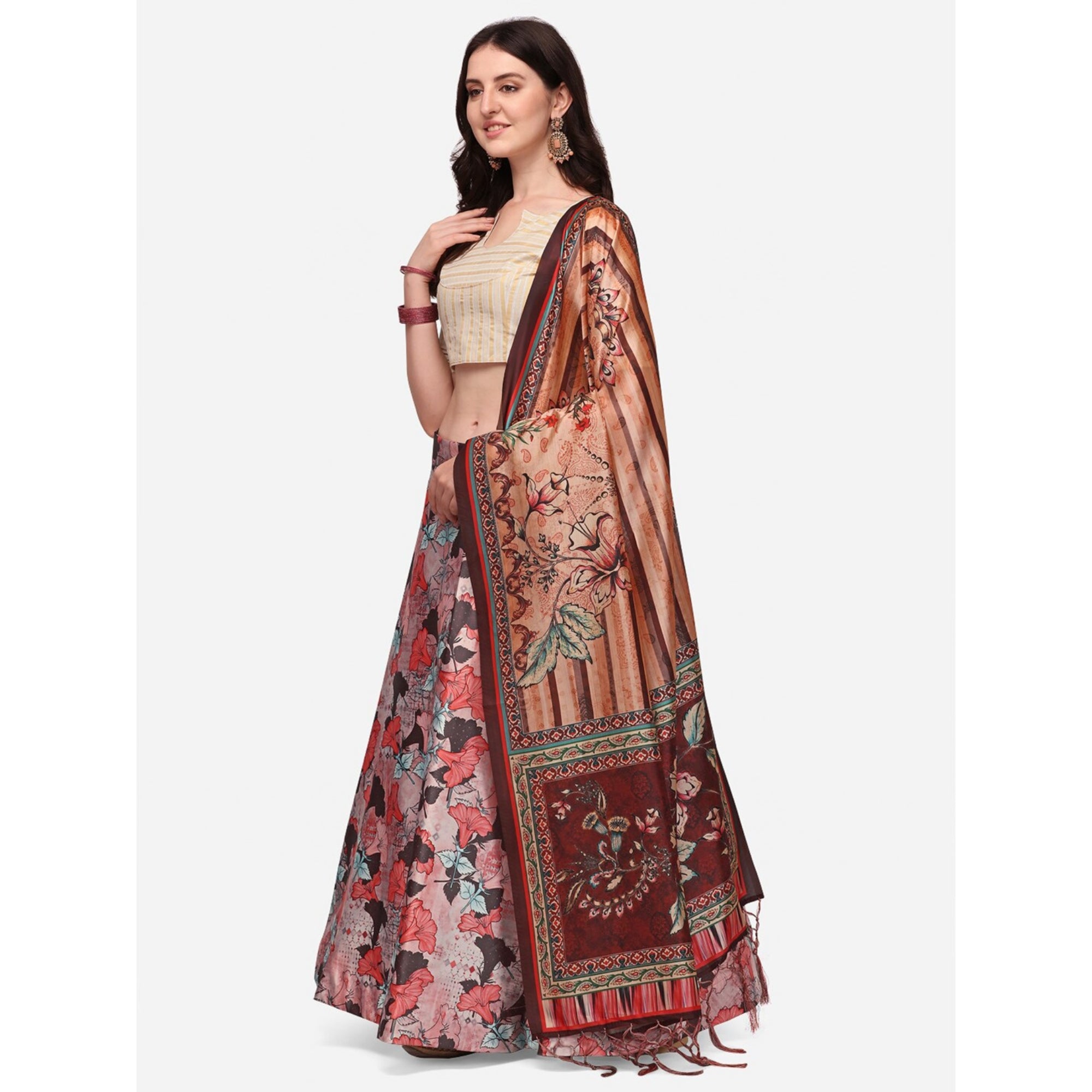 Women's Digital Print Shiney Satin Semistitched Lehenga Choli With Unstitched Blouse And Thred Work Dupatta