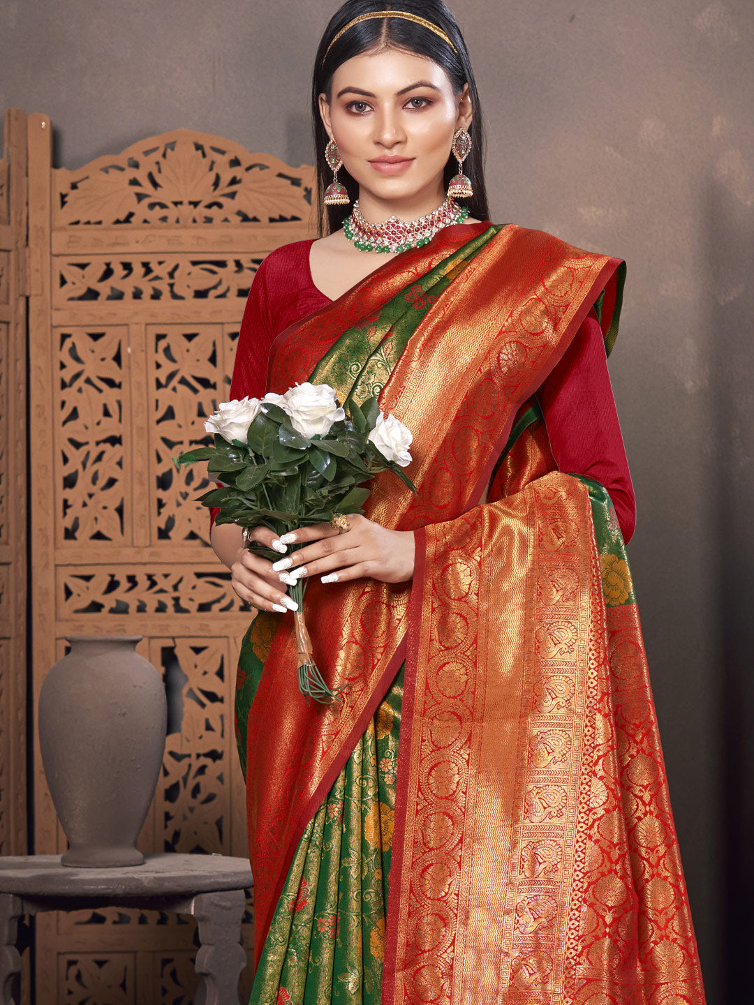 Women's Green KanJivaram Silk Woven Work Traditional Tassle Saree