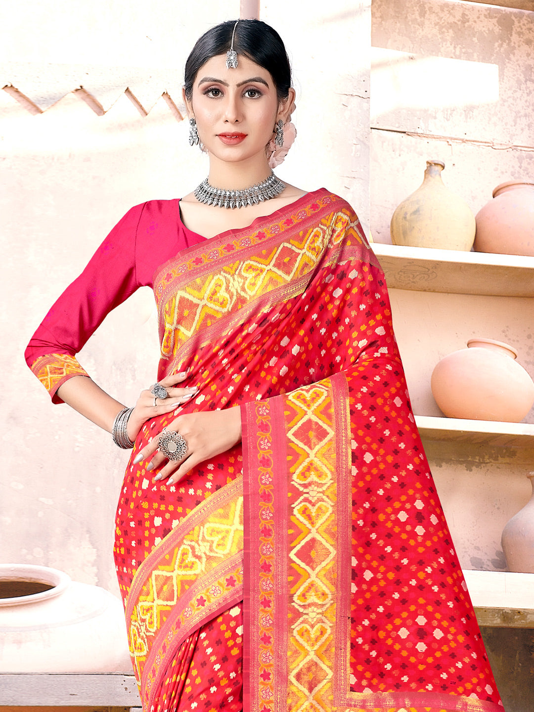 Women's Red SILK  Woven Zari Work Traditional Tassle Saree