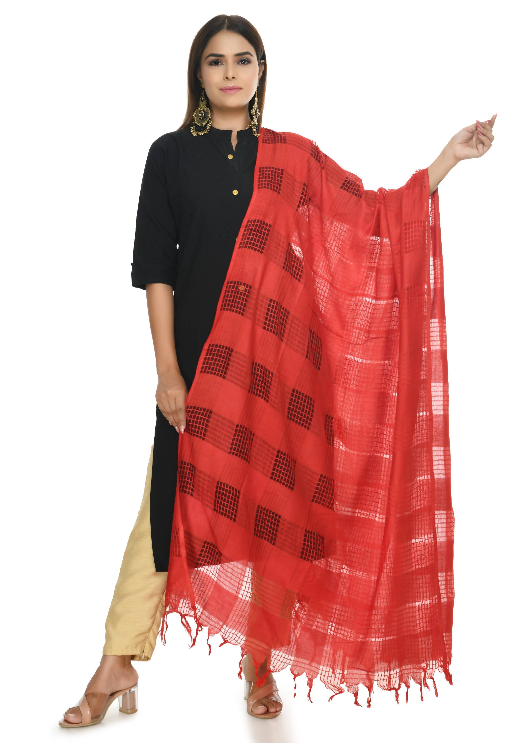 Women's Red Colour Window Design Cotton Dupatta Mfd0014