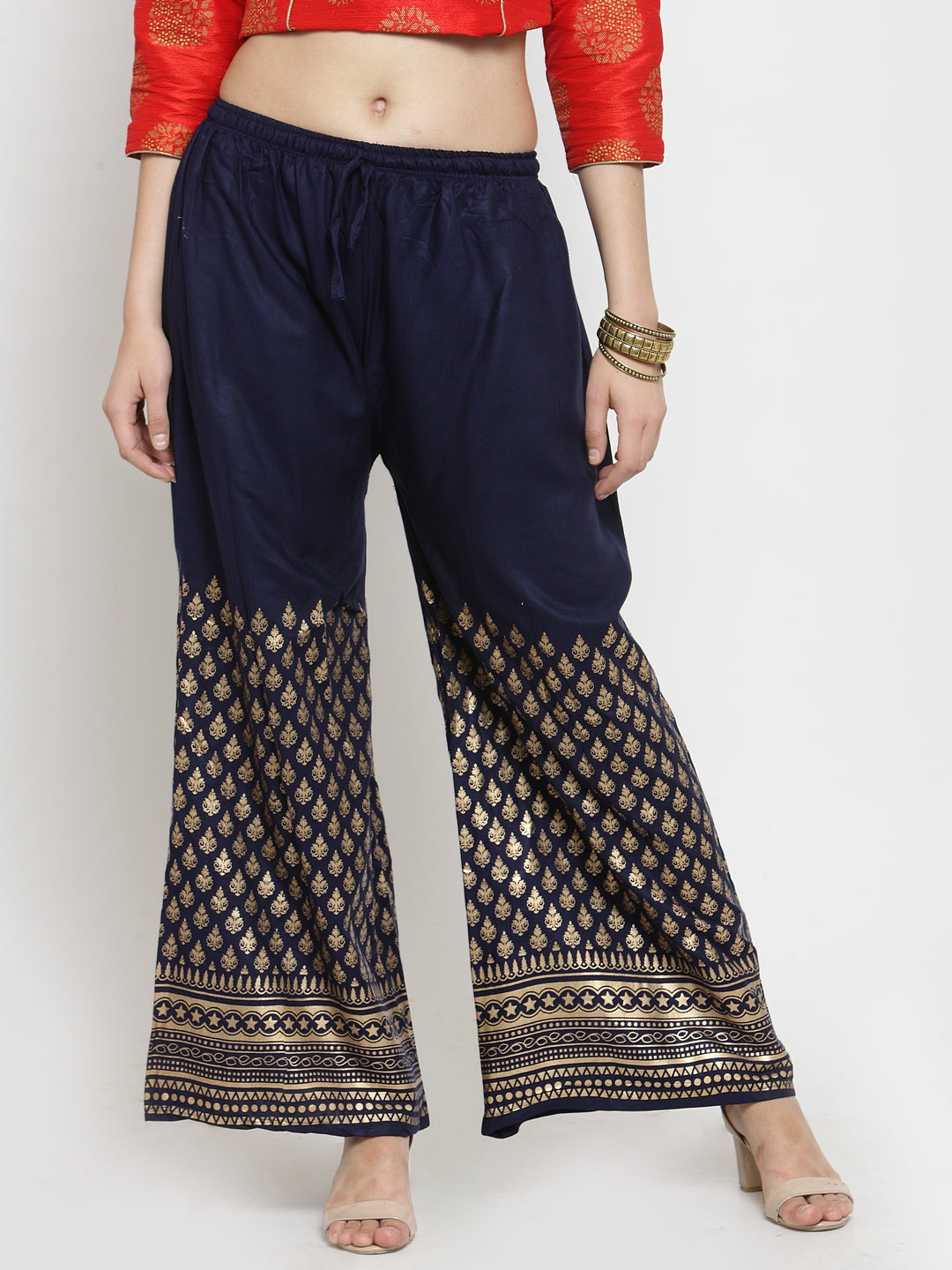 Women's Navy Blue Printed Rayon Palazzo