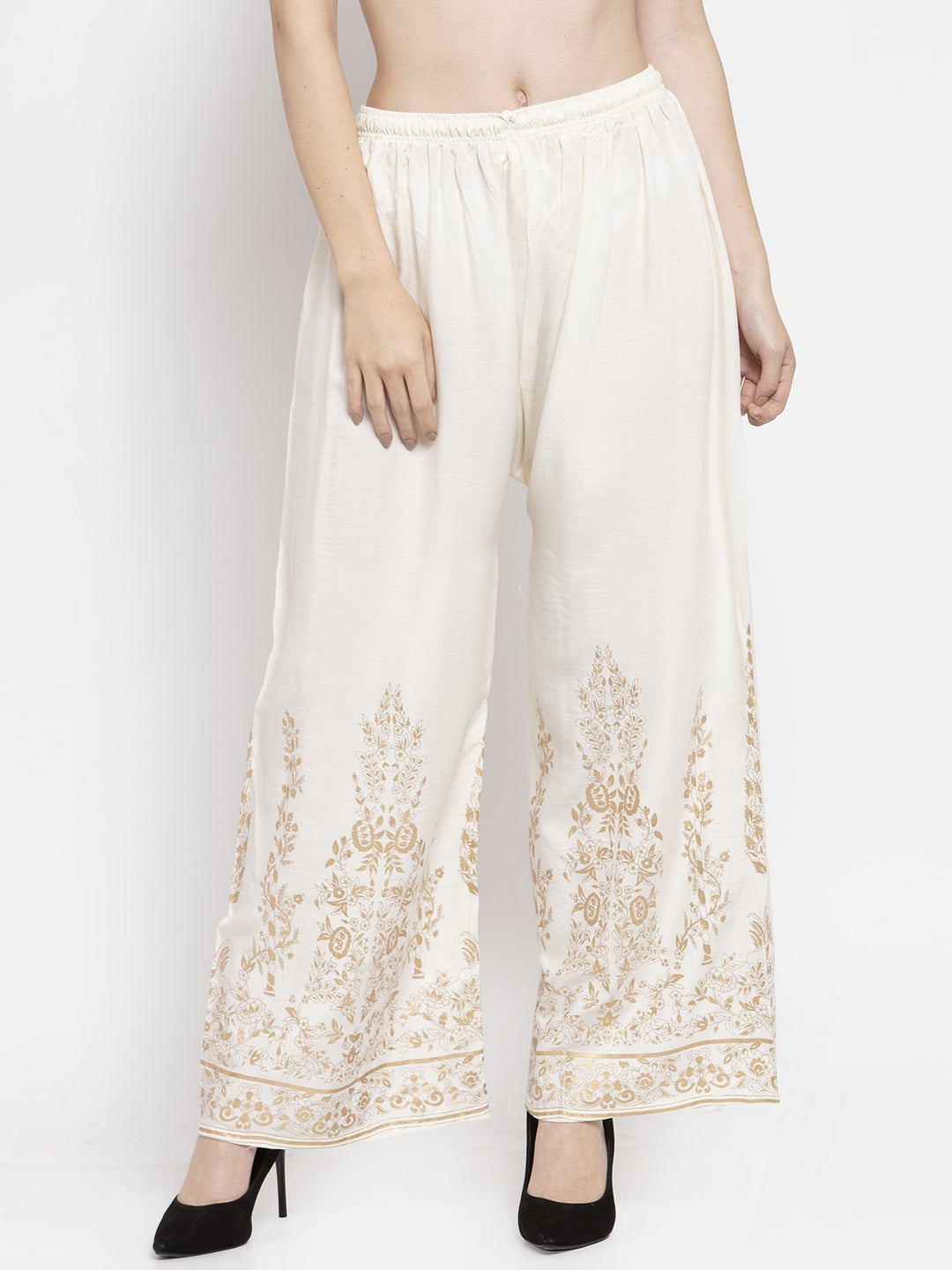 Women's Cream Straight Printed Rayon Palazzo