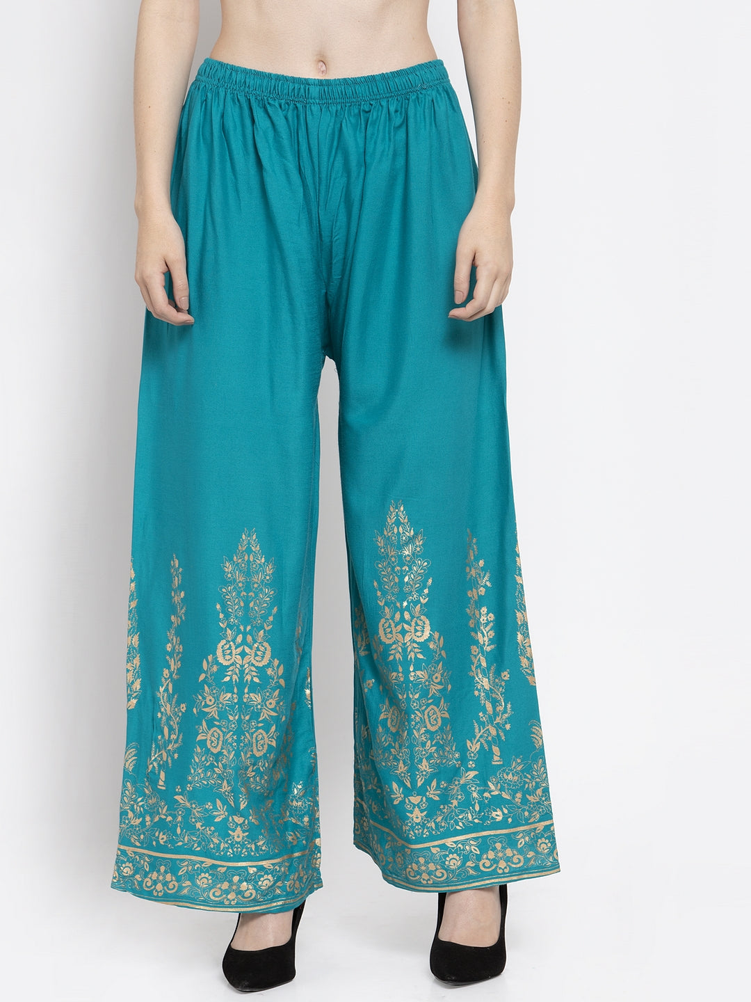 Women's Turquoise Straight Printed Rayon Palazzo