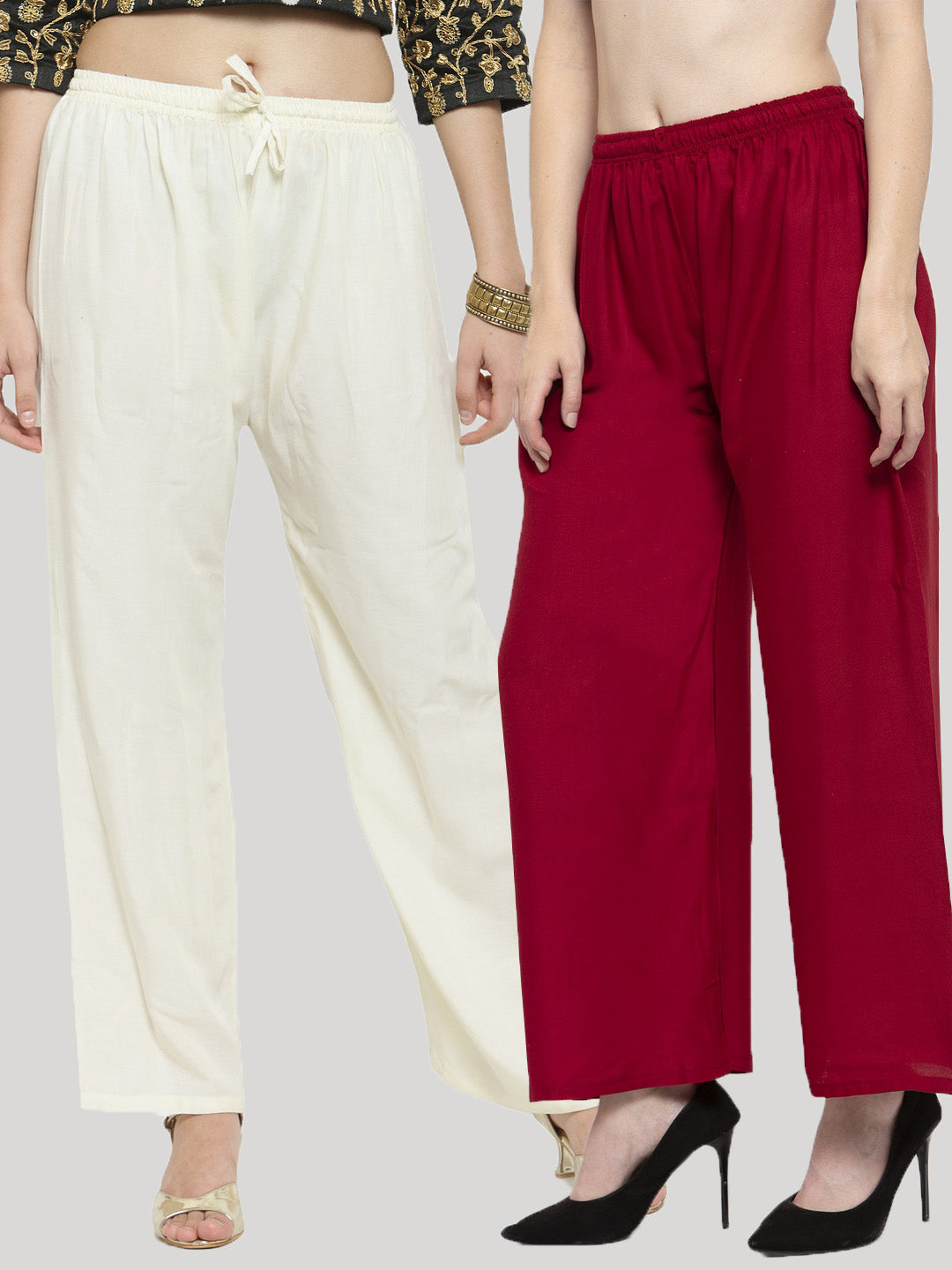 Women's Solid Off-White & Maroon Rayon Palazzo (Pack Of 2)