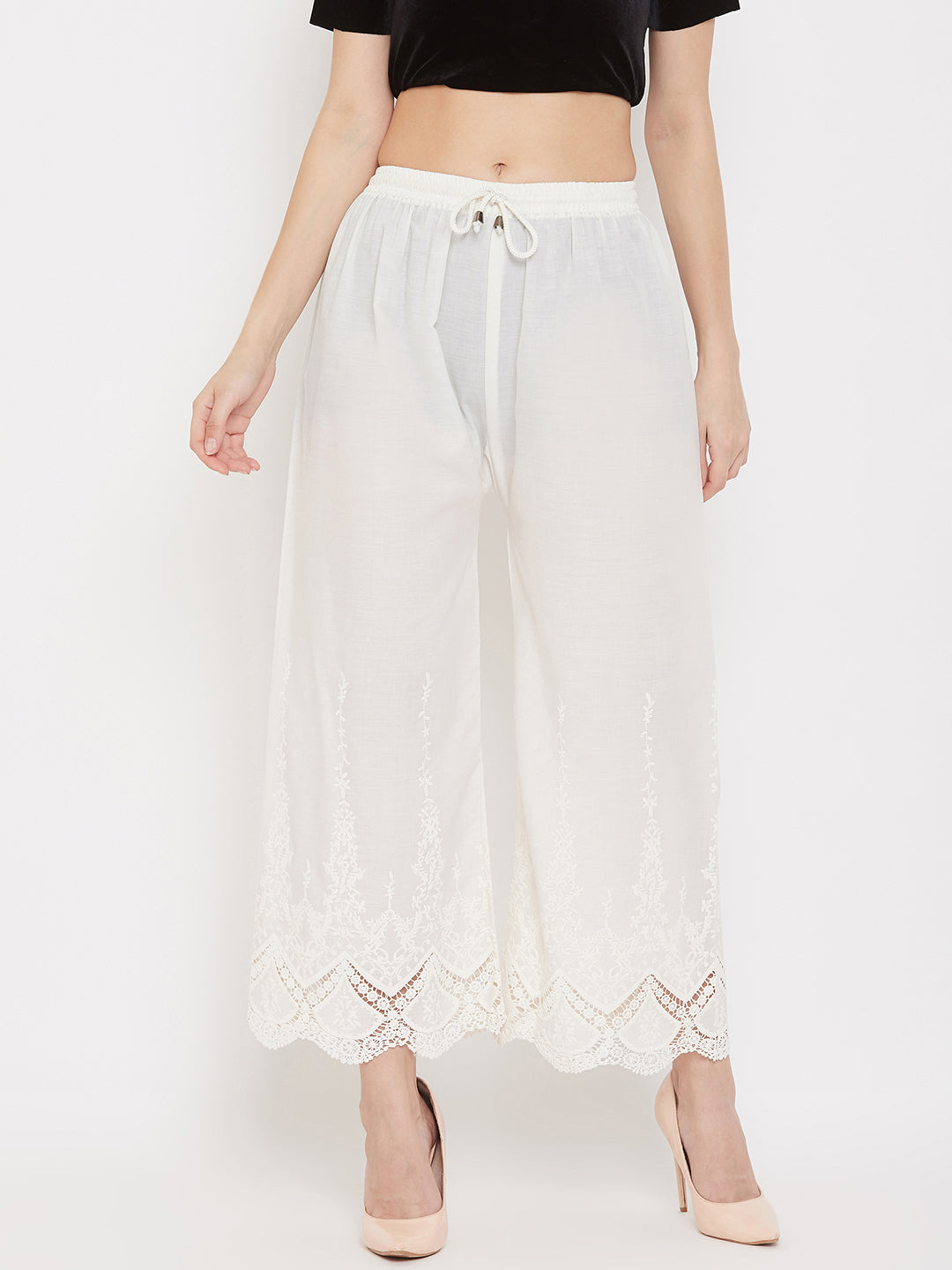 Women's Cream Straight Embroidered Palazzo