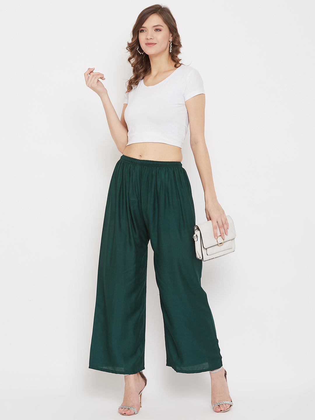 Women's Bottle Green Straight Solid Palazzo