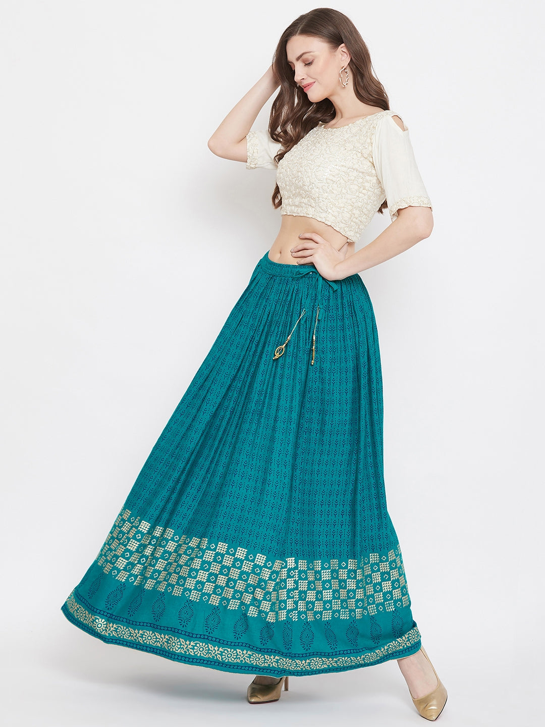 Women's Turquoise Printed Rayon Skirt