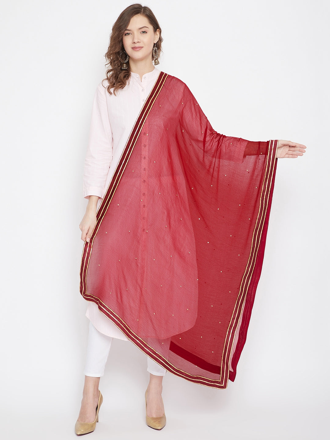 Women's Maroon Sequinned Chiffon Dupatta