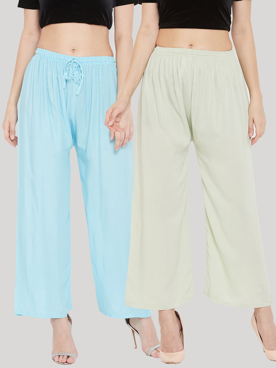 Women's Solid Sky Blue & Pista Green Rayon Palazzo (Pack Of 2)