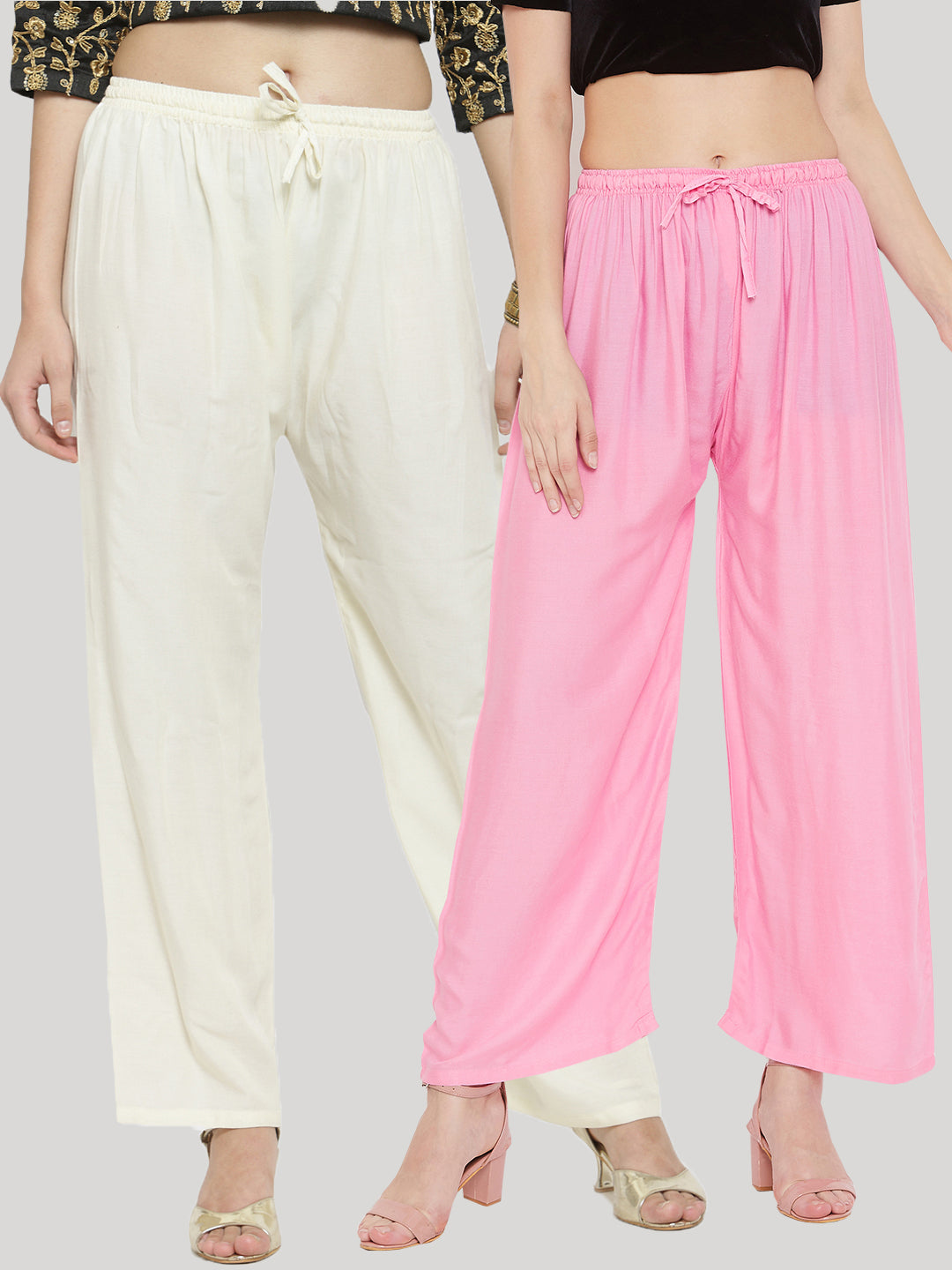 Women's Solid Cream & Pink Rayon Palazzo (Pack Of 2)