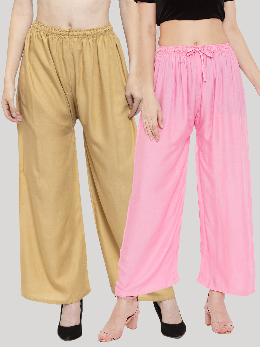 Women's Solid Fawn & Pink Rayon Palazzo (Pack Of 2)