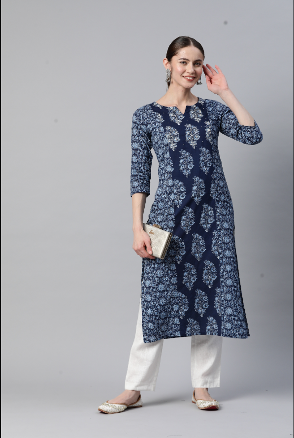 Women's Print & Hand Work Straight Cotton Blue Stitched Kurta