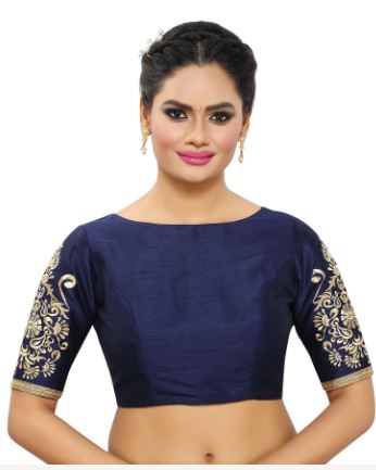 Women'S Poly Raw Silk Readymade Saree Blouse With Embroidered Sleeves