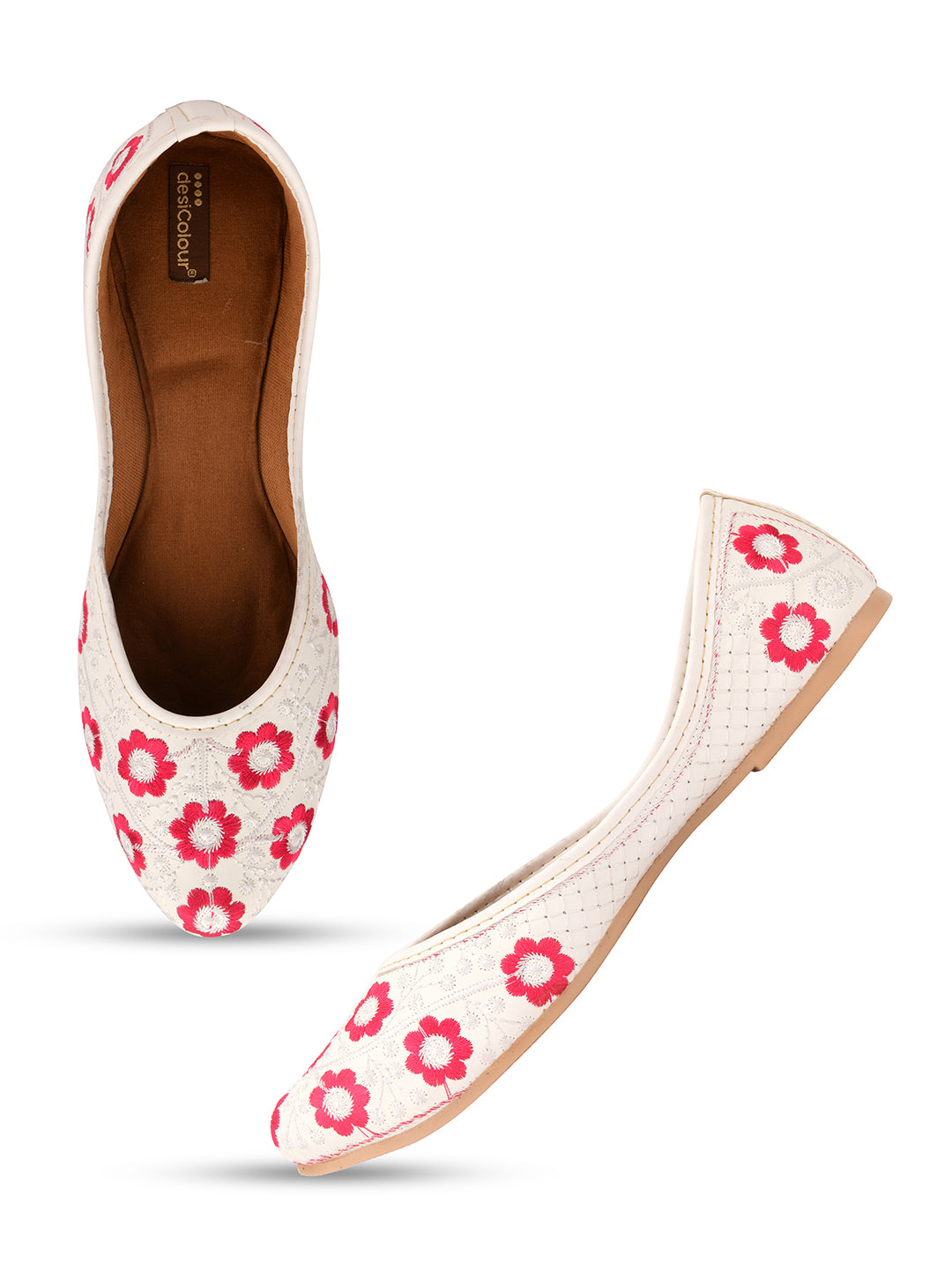 Women's White Floral  Indian Ethnic Comfort Footwear