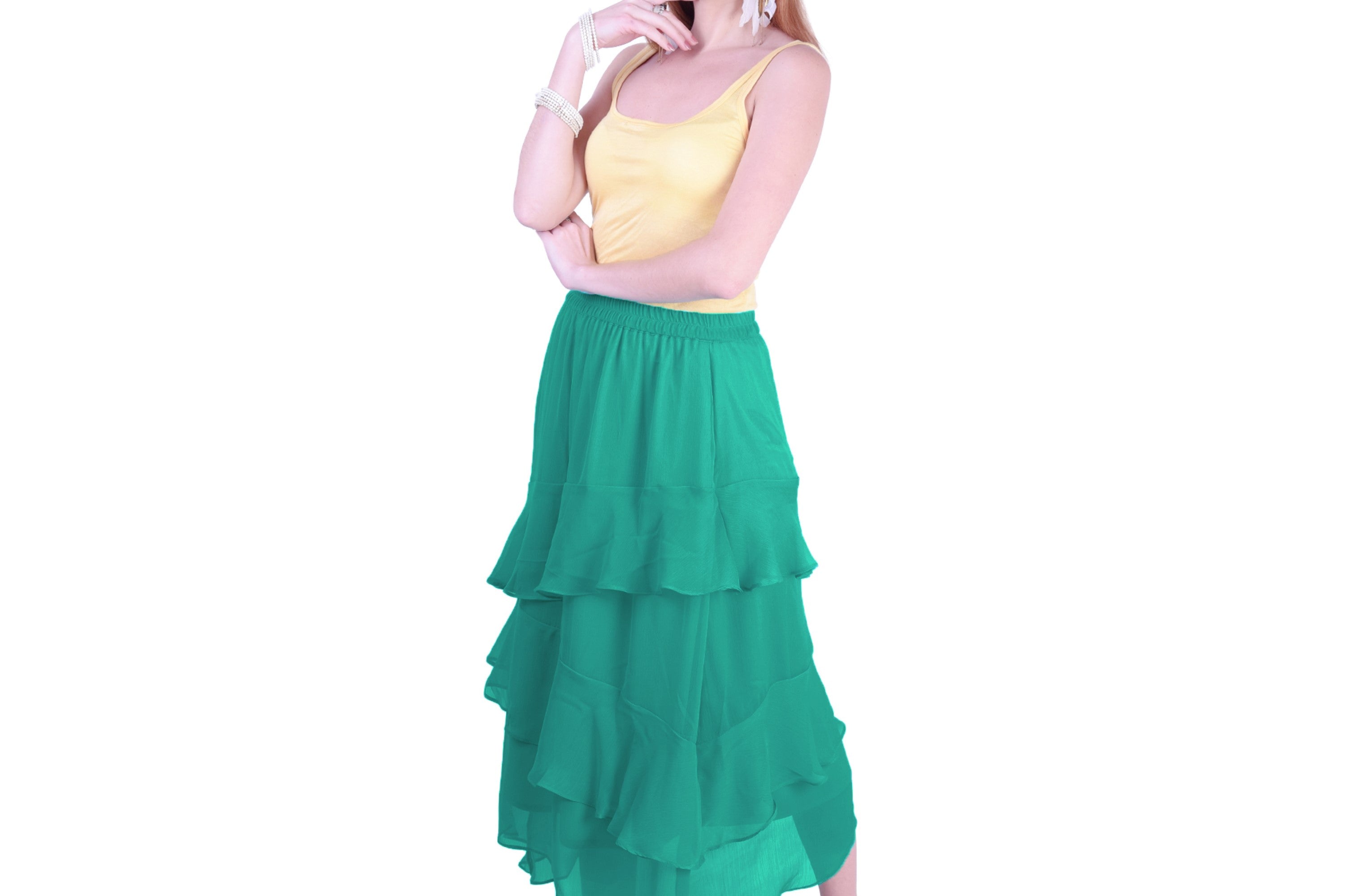 Women's Chiffon Ruffle Skirt With Elastic In Dark Green