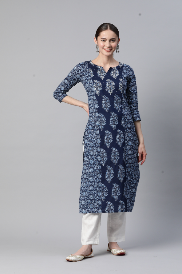 Women's Print & Hand Work Straight Cotton Blue Stitched Kurta