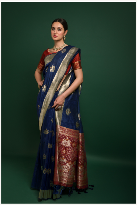 Women's Blue Tussar Silk Zari Woven Saree With Blouse