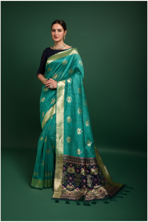 Women's Blue Tussar Silk Zari Woven Saree With Blouse
