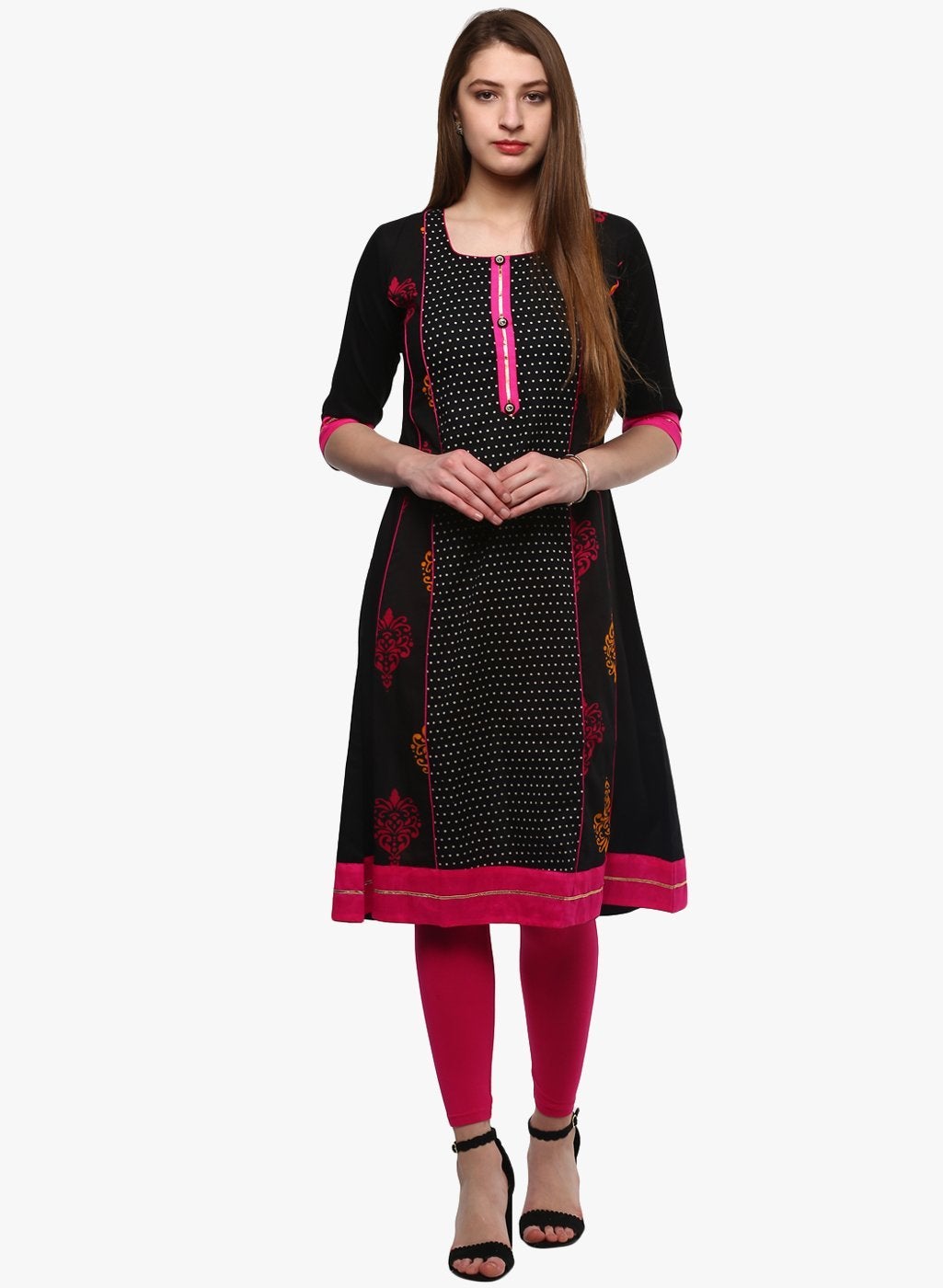 Women's Black Printed A-Line Rayon And Cotton Kurta