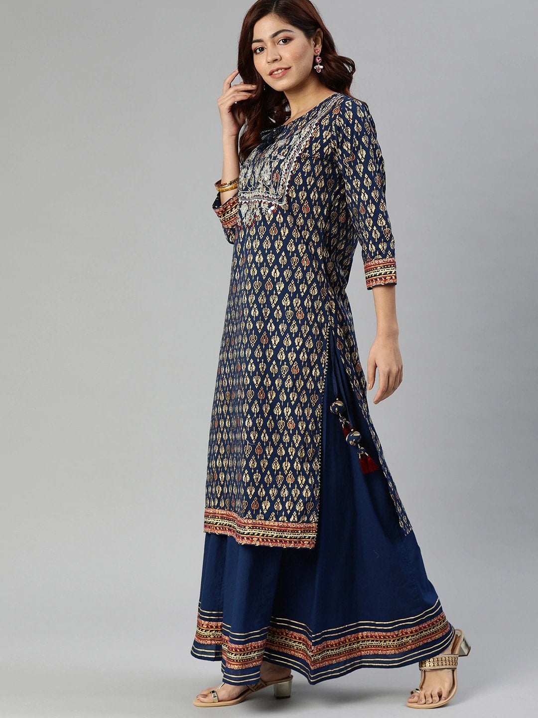 Women's Navy Blue Cotton Gota Patti Palazzo Set