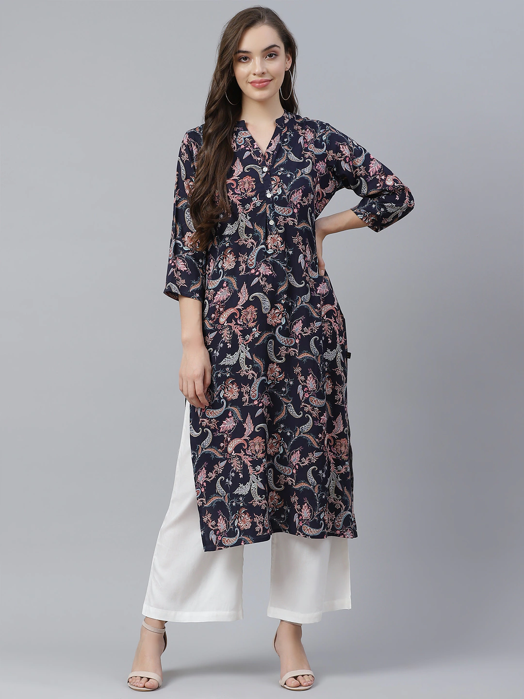 Women's Blue Printed Rayon Straight Kurti