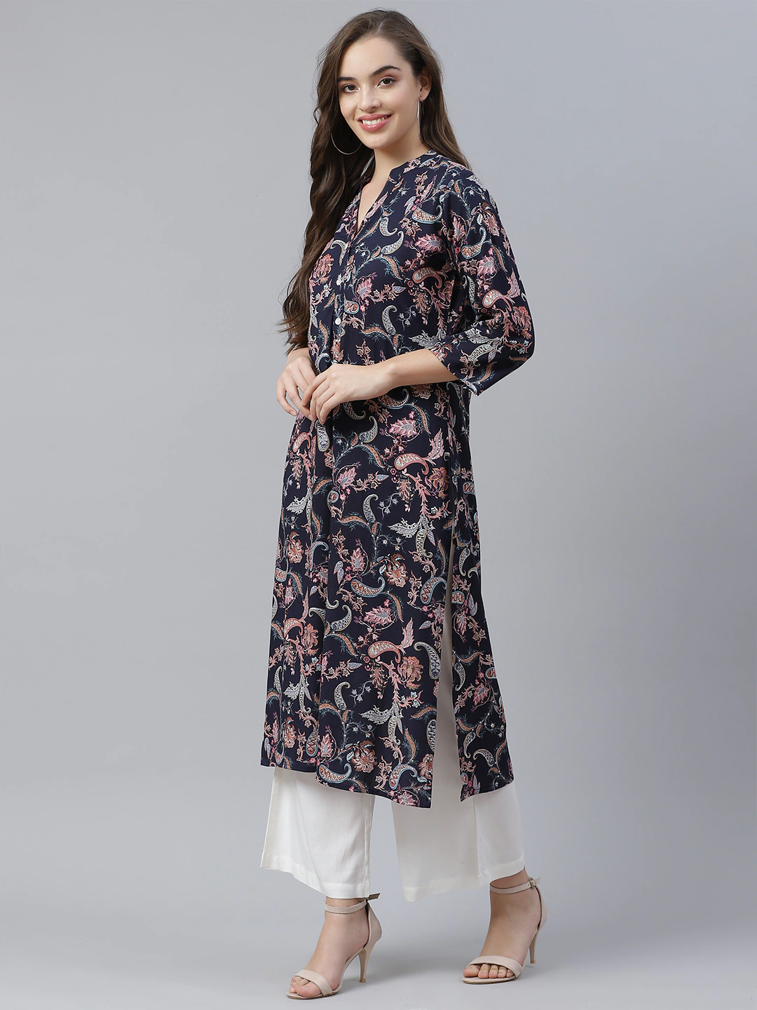 Women's Blue Printed Rayon Straight Kurti