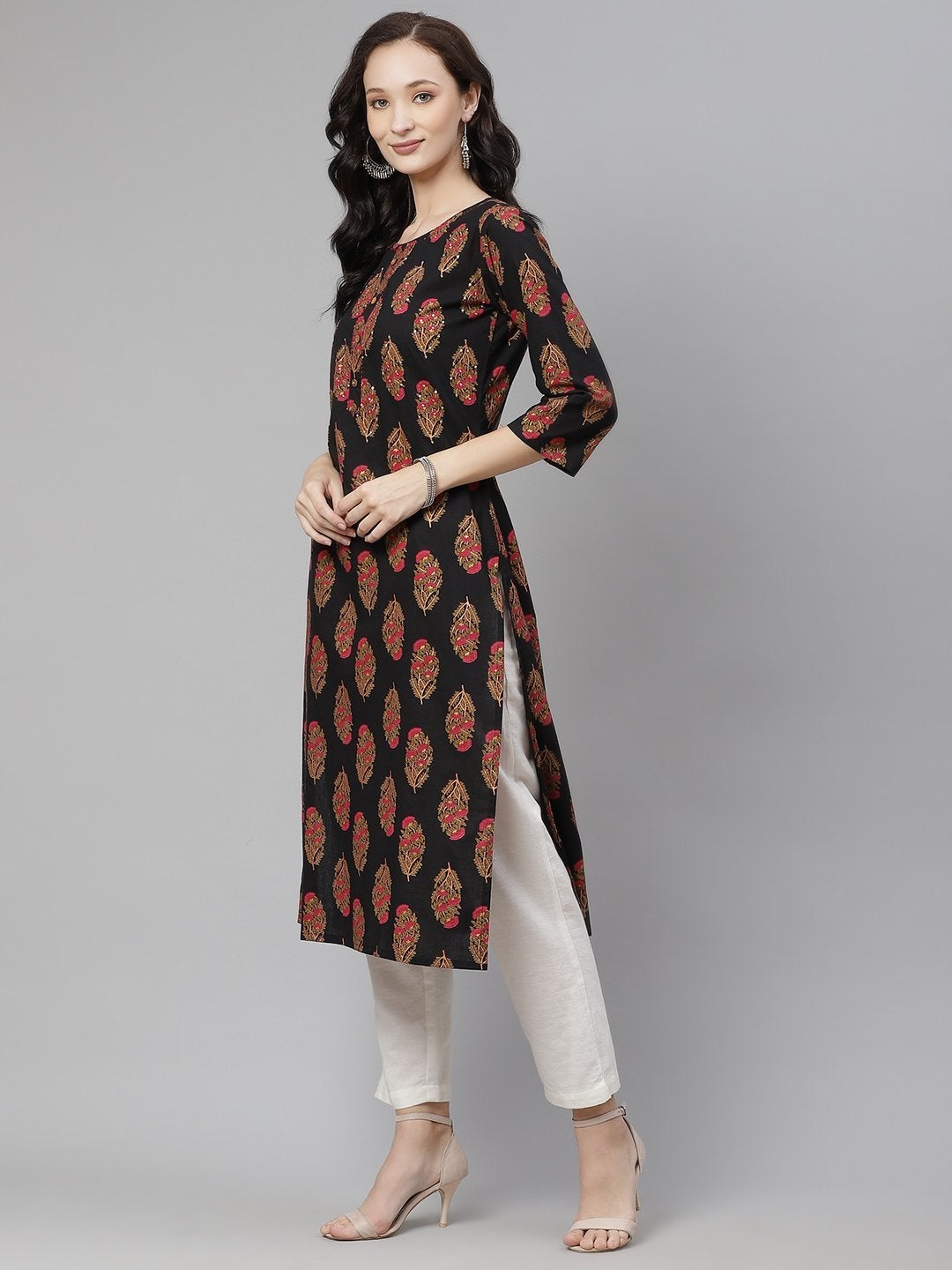 Women's Black Floral Print Cotton Straight Kurta