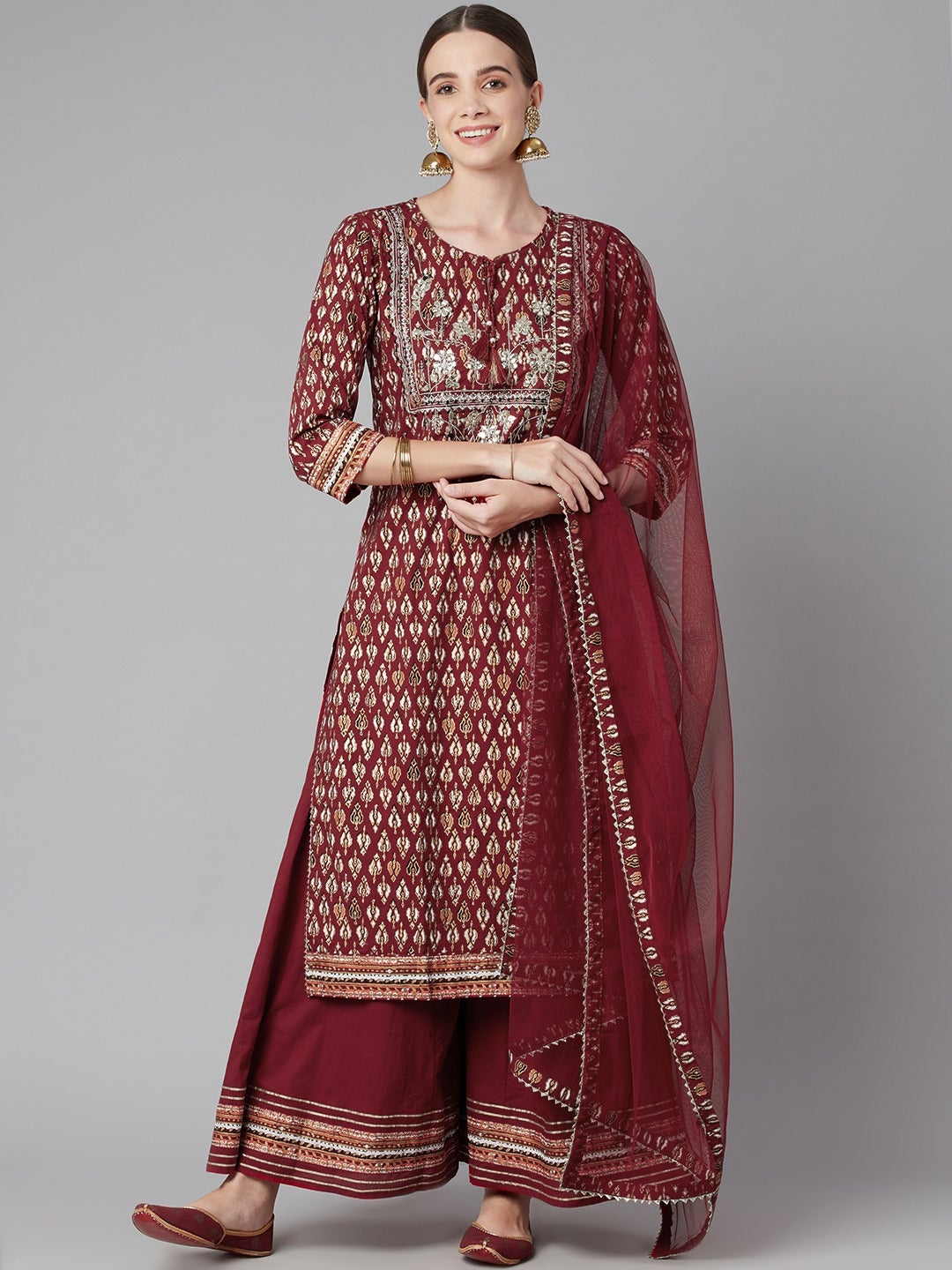 Women's Maroon Cotton Kurta Palazzo Set With Net Dupatt