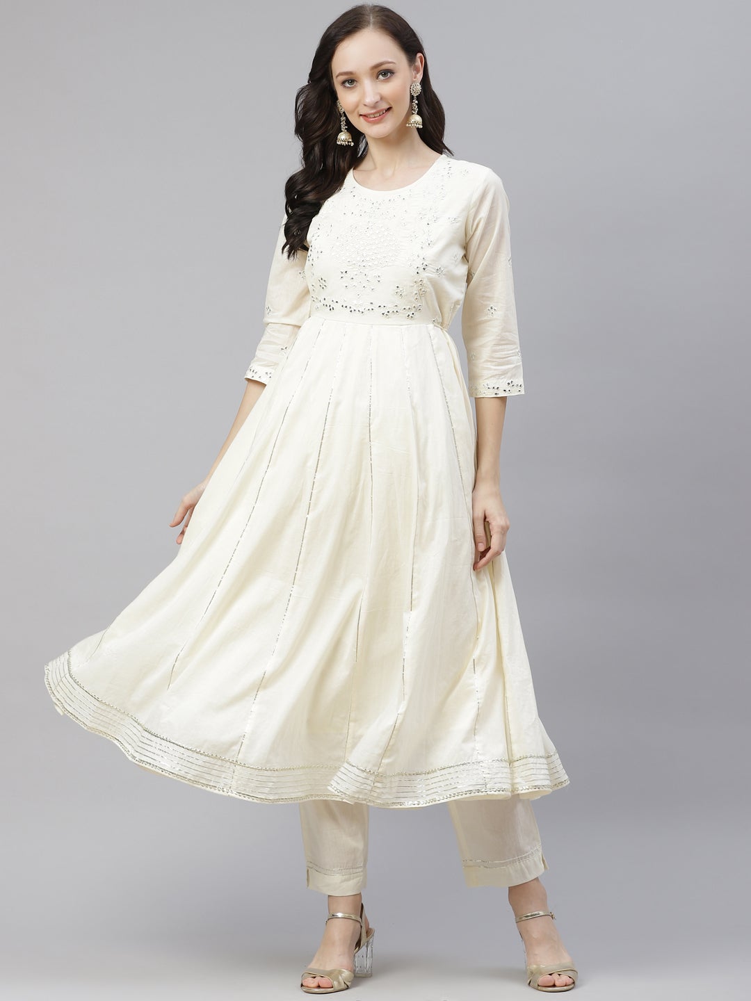 Women's Off White Cotton Anarkali Kurta Pant Se
