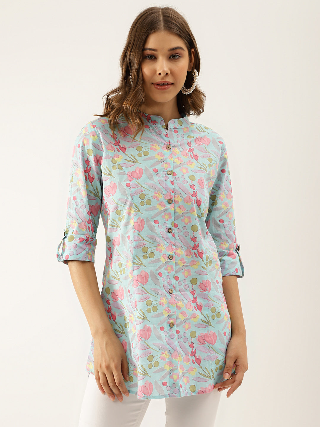 Women's Sky Blue Printed Cotton Regular Fit Top