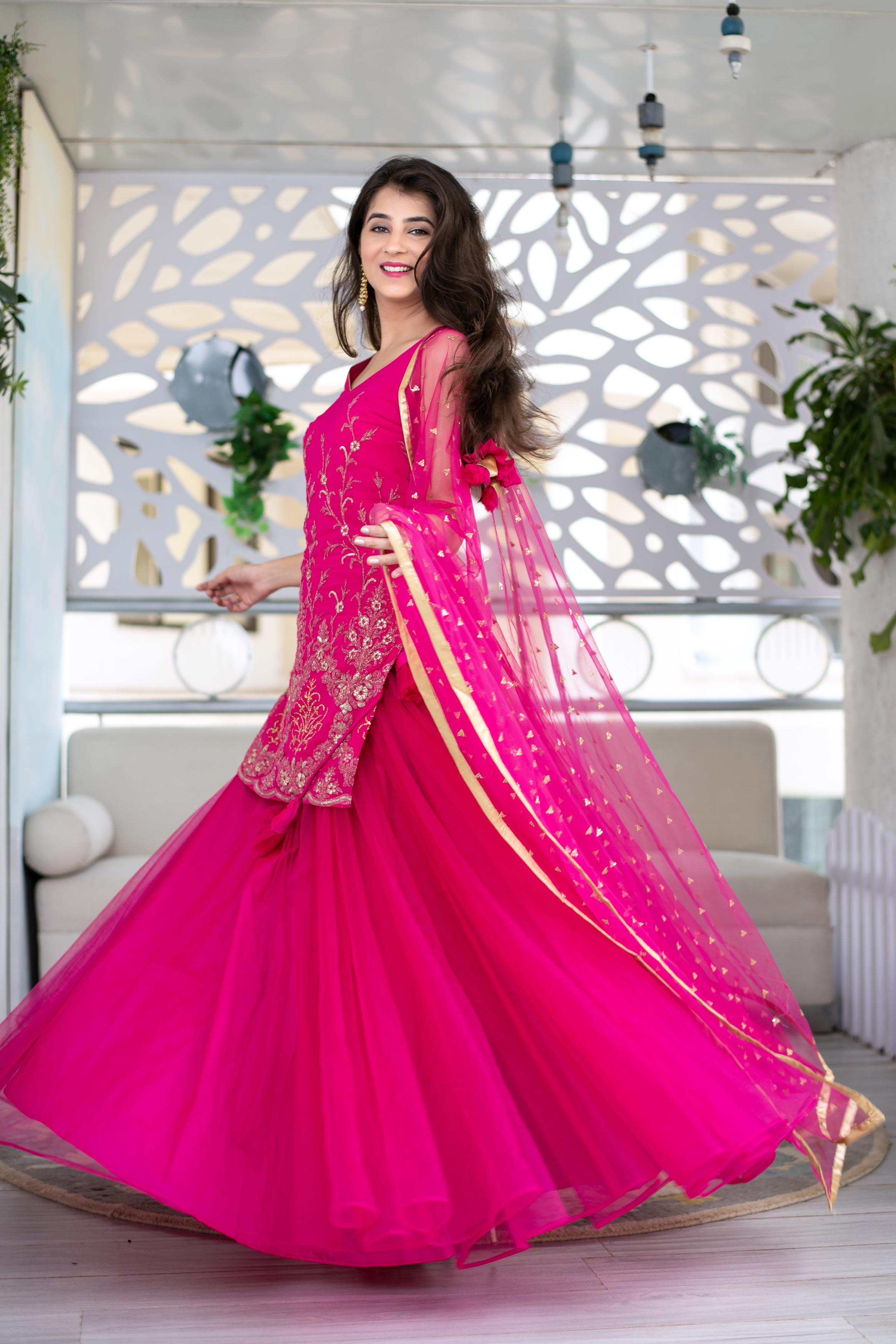 Women's Pink Georgette Heavy Work Kurta With Long Skirt And Net Dupatta (3pc Set)
