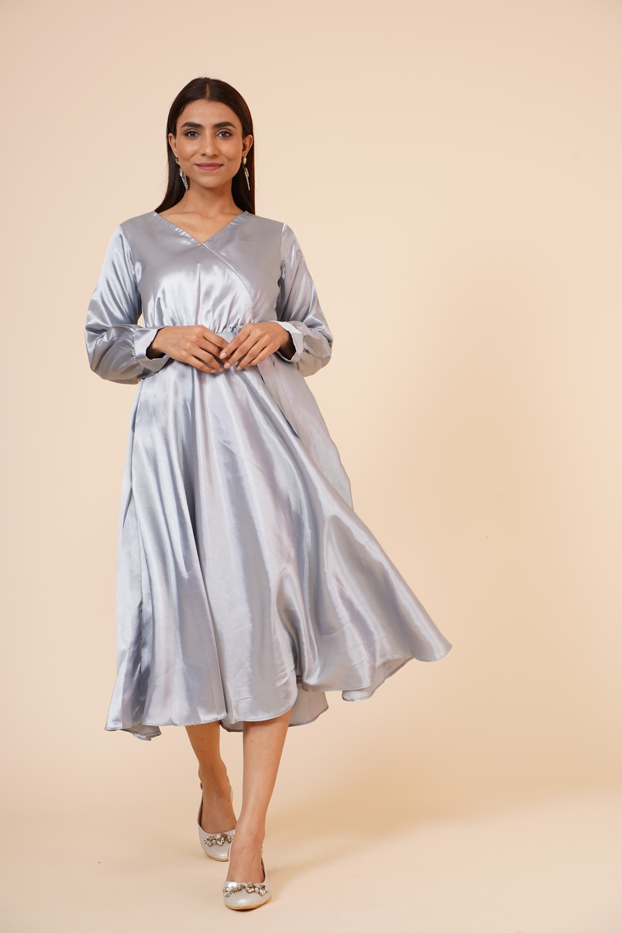 Women's Empire Line With Cuff Satin Wrap Dress Grey