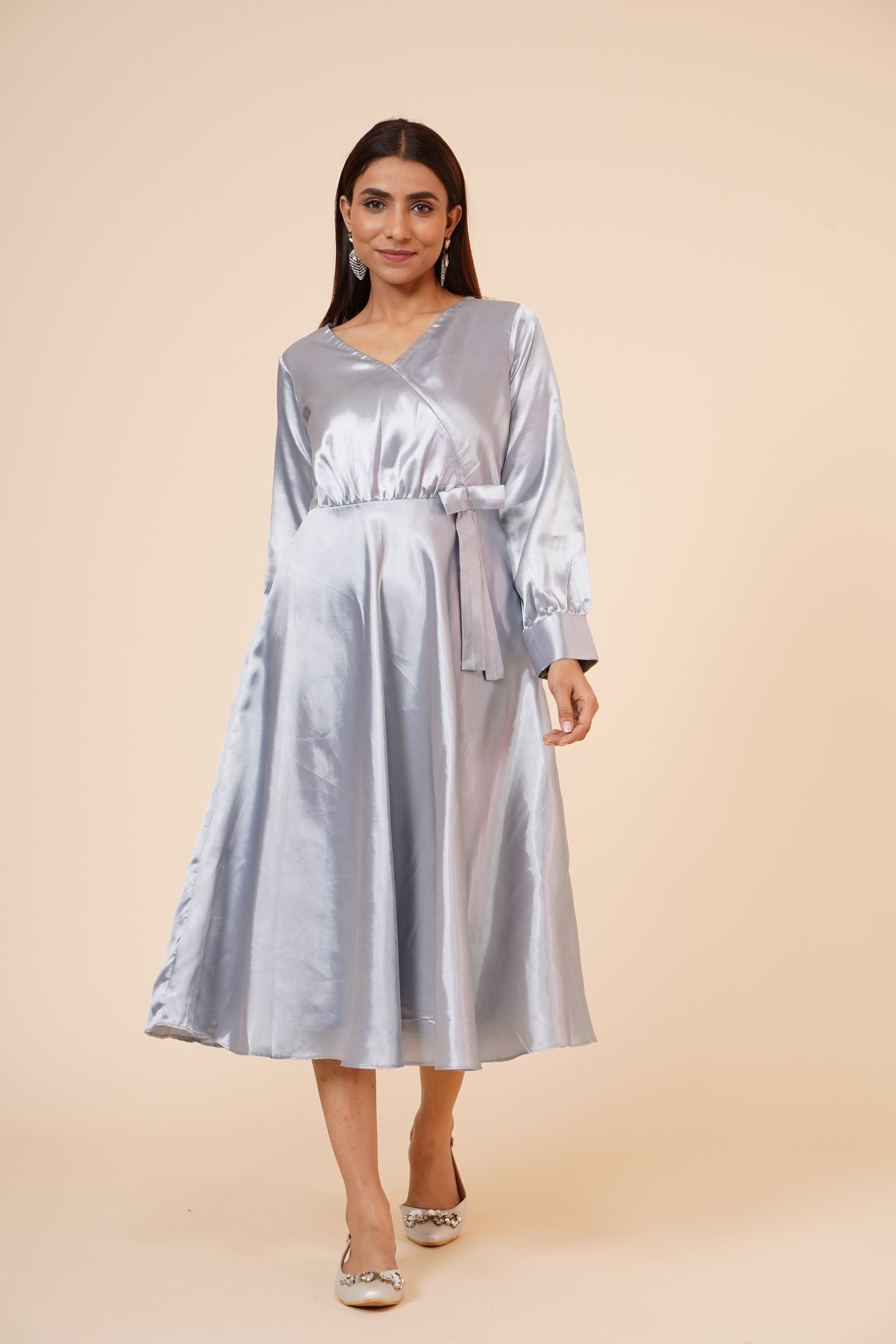 Women's Empire Line With Cuff Satin Wrap Dress Grey