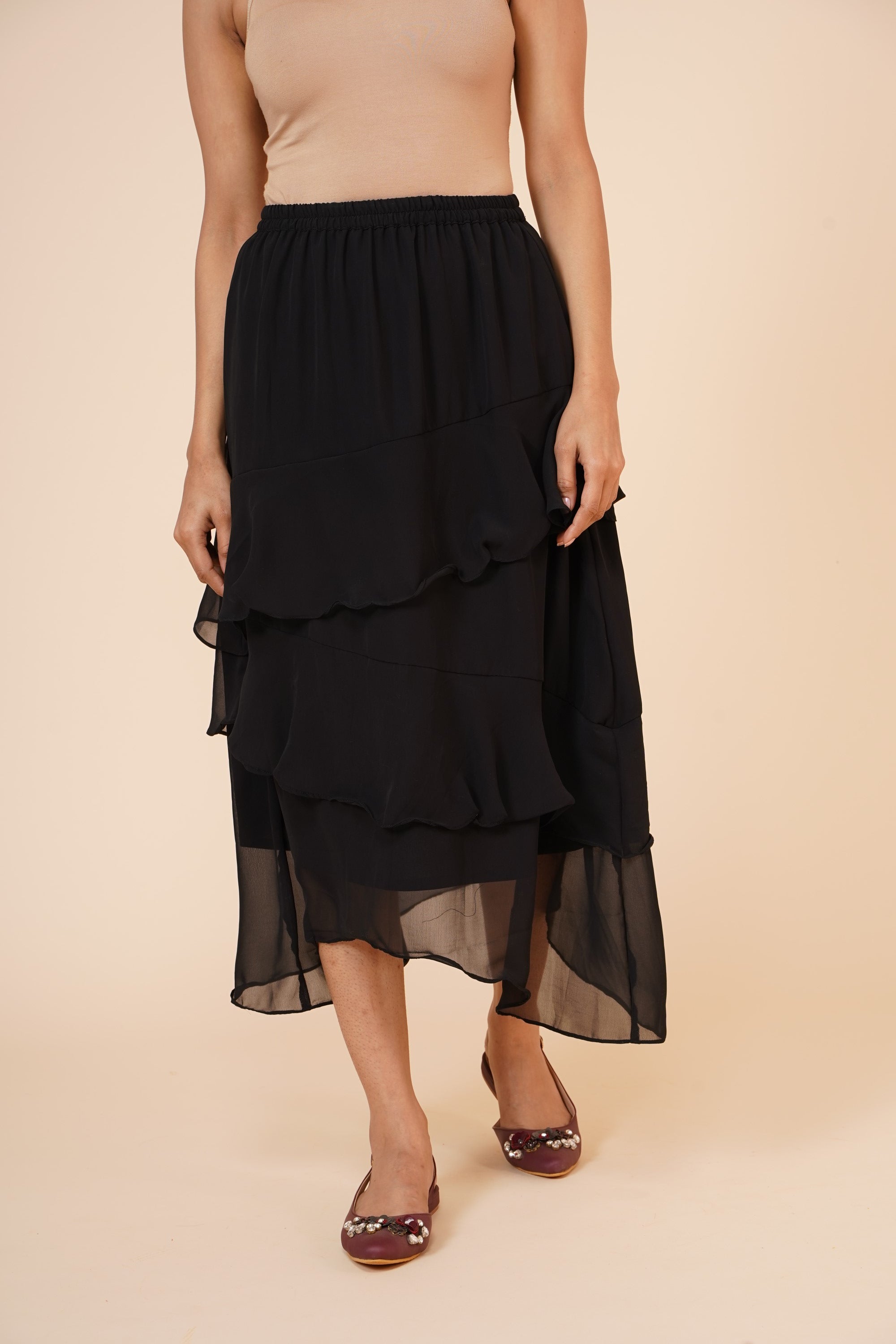 Women's Chiffon Ruffle Skirt With Elastic In Black