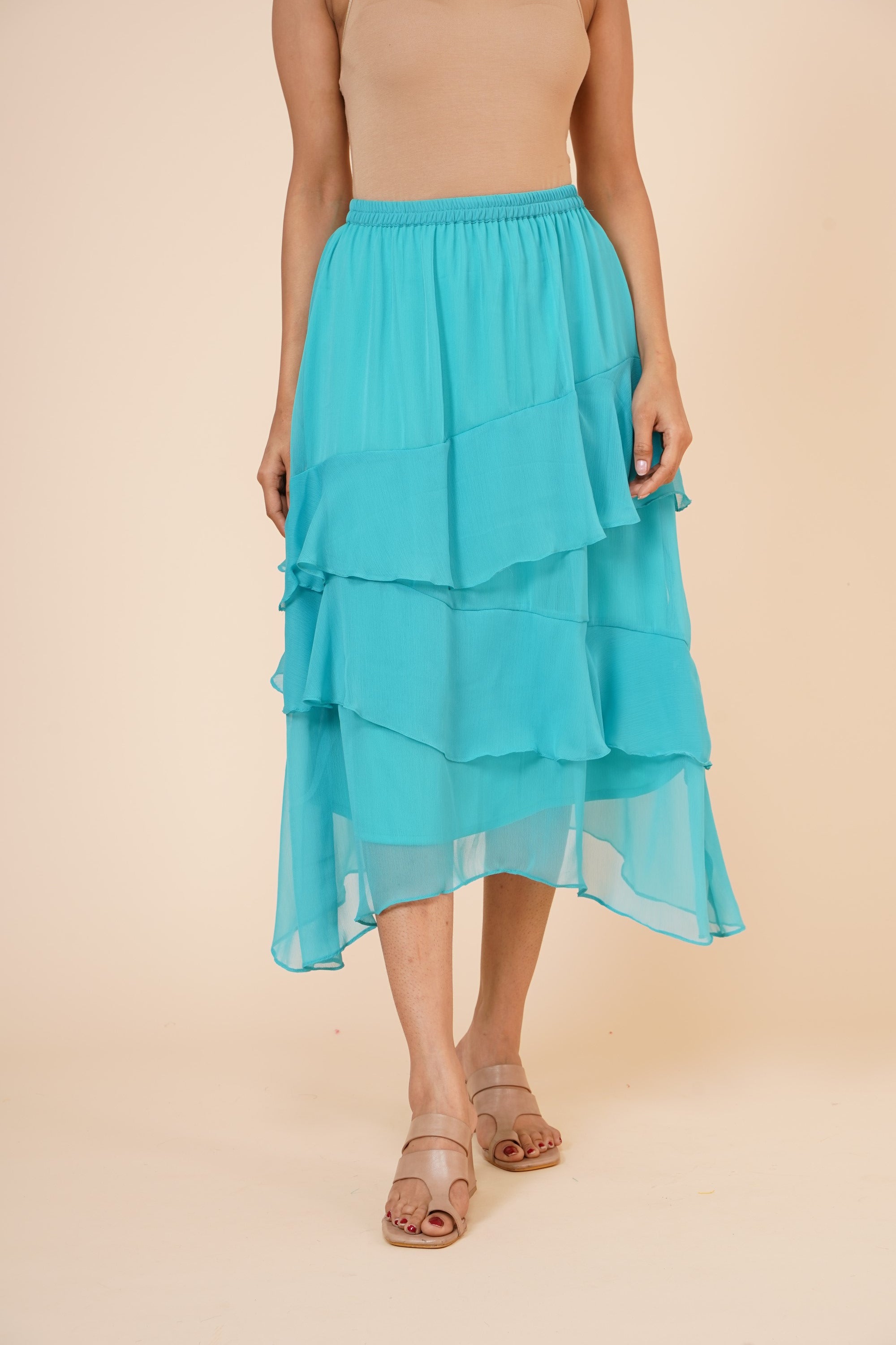 Women's Chiffon Ruffle Skirt With Elastic In Sky Blue