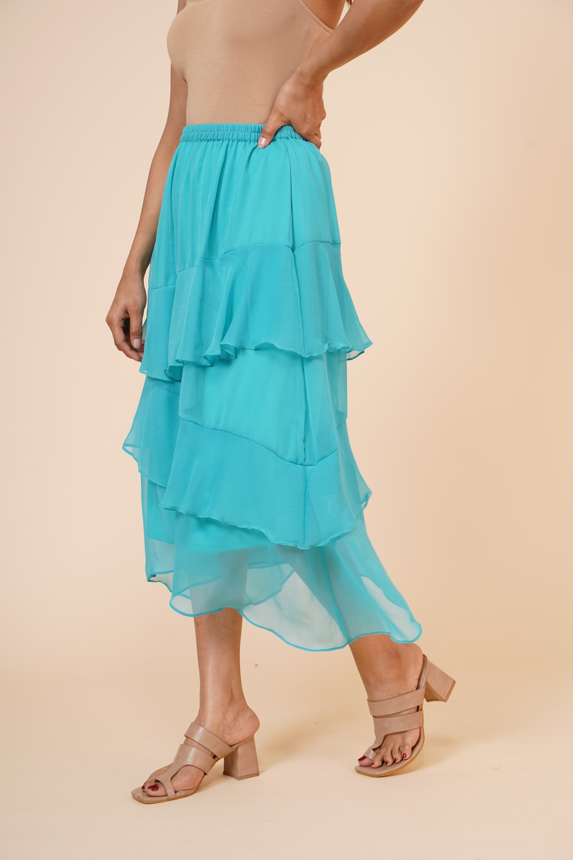 Women's Chiffon Ruffle Skirt With Elastic In Sky Blue