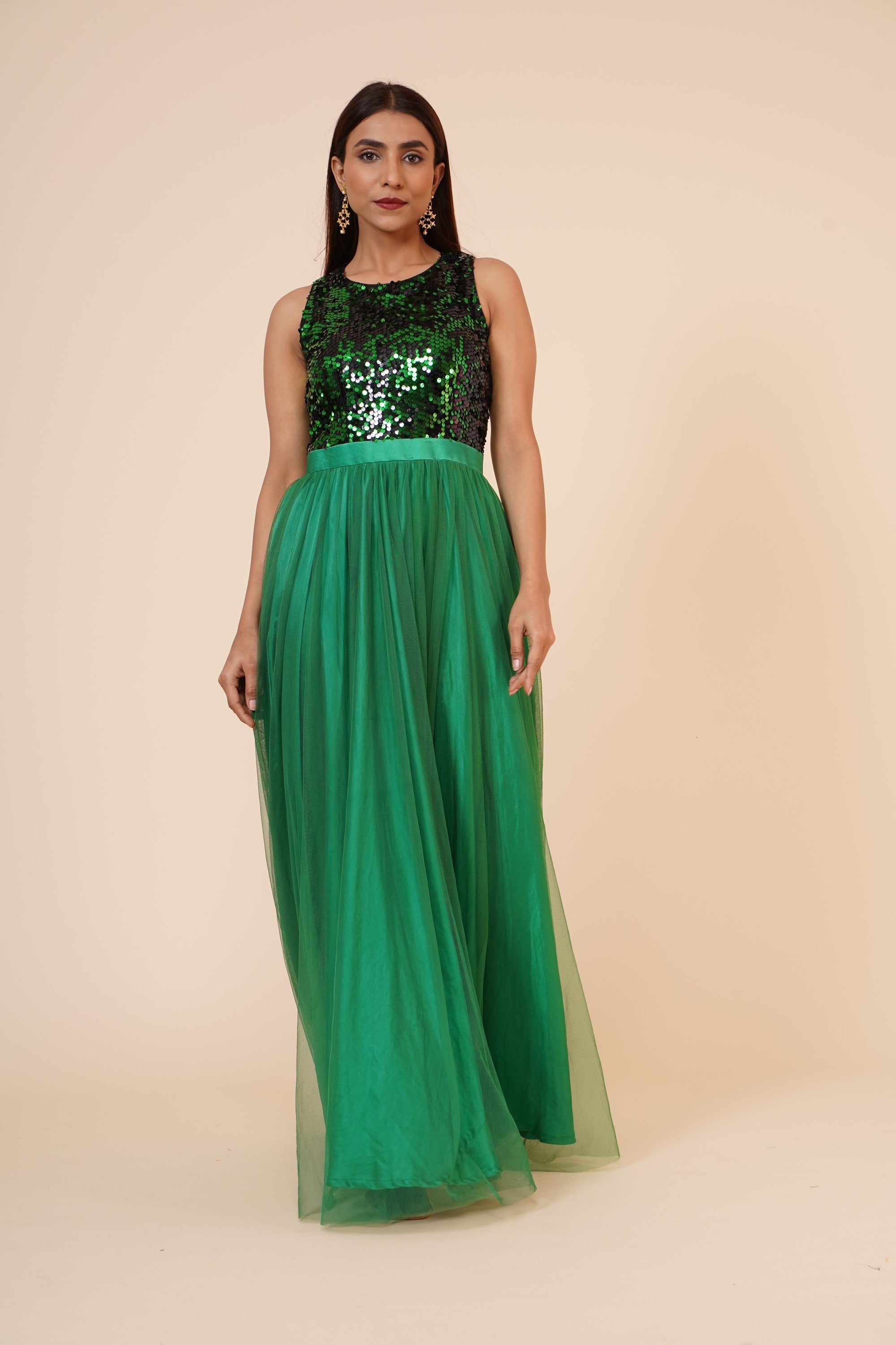 Women's Green Sequins Gown With Sequins Yoke And Net Flare