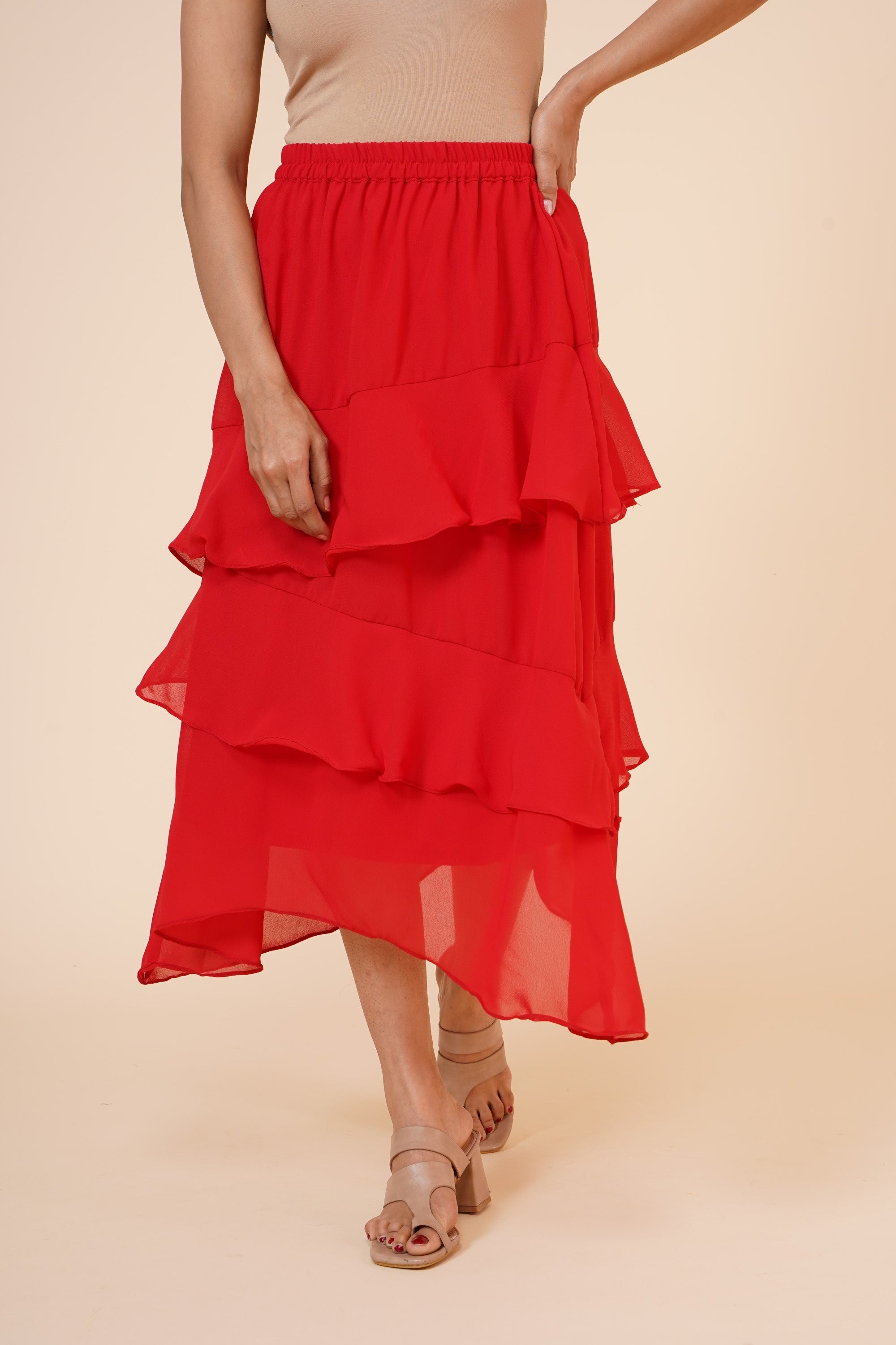 Women's Chiffon Ruffle Skirt With Elastic In Red